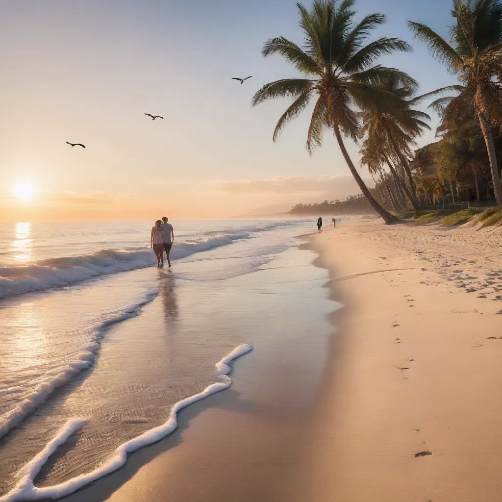 photo of a serene beach at sunset, with palm trees casting long shadows on the sand and waves gently lapping the shore, evoking a sense of peace and relaxation. A couple walks hand in hand along the water's edge, while seagulls glide gracefully overhead, capturing the calm beauty of a holiday farewell