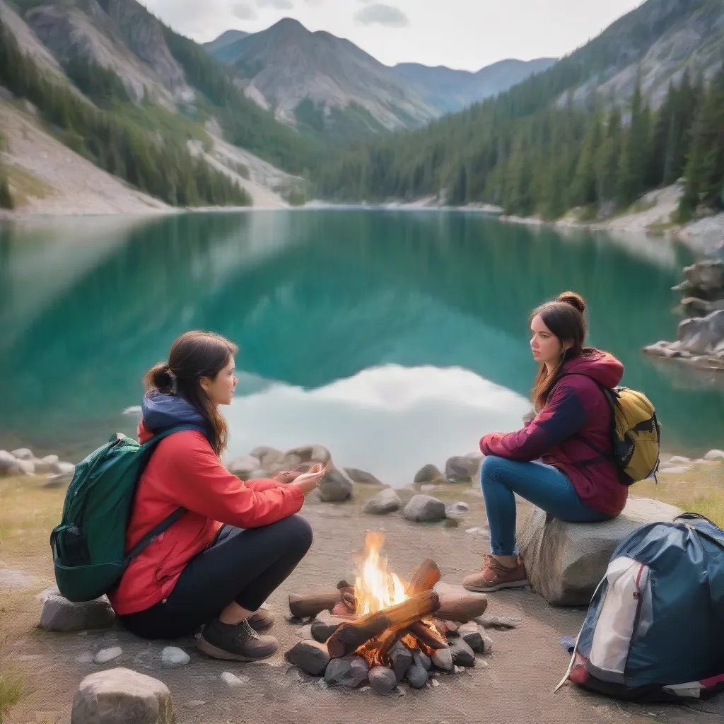 photo  of two friends sitting around a campfire, one looking disappointed and the other making an apologetic gesture. The disappointed friend's camping gear is neatly packed up, and the campsite is surrounded by serene natural scenery with a tranquil lake and mountains in the background.