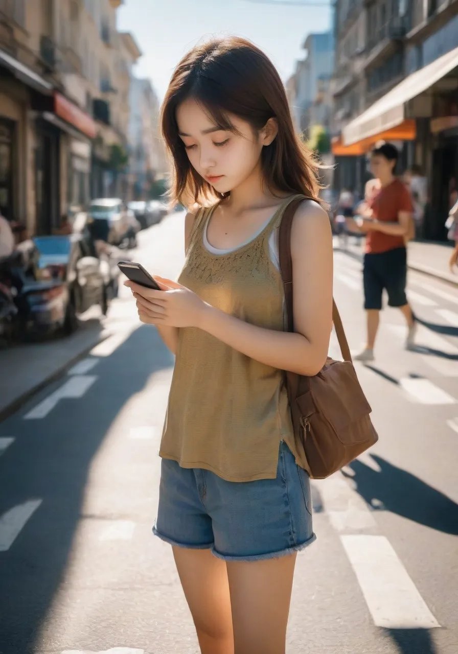 Photo of a girl listlessly looking at her smartphone on a city street under the hot summer sun