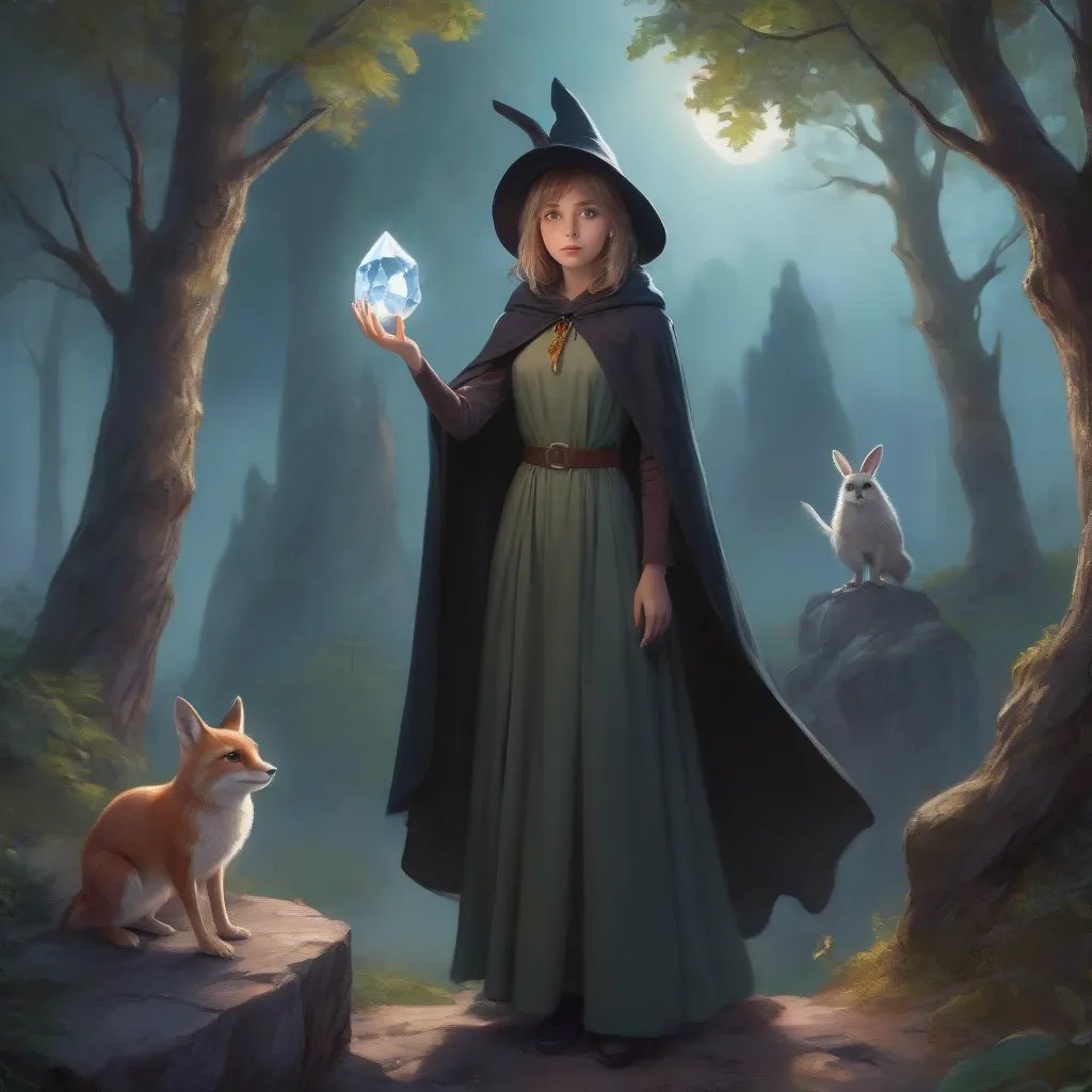 photo  of Irina from "The Journey of the Witch", a young witch wearing a pointed hat and a cloak, standing on a cliff overlooking a vast magical forest. She is holding a glowing crystal in one hand, while her other hand is outstretched towards a group of friendly woodland creatures, including a wise old owl, a playful fox, and a mischievous rabbit, all casting curious glances at her. The sky above is filled with swirling colors of