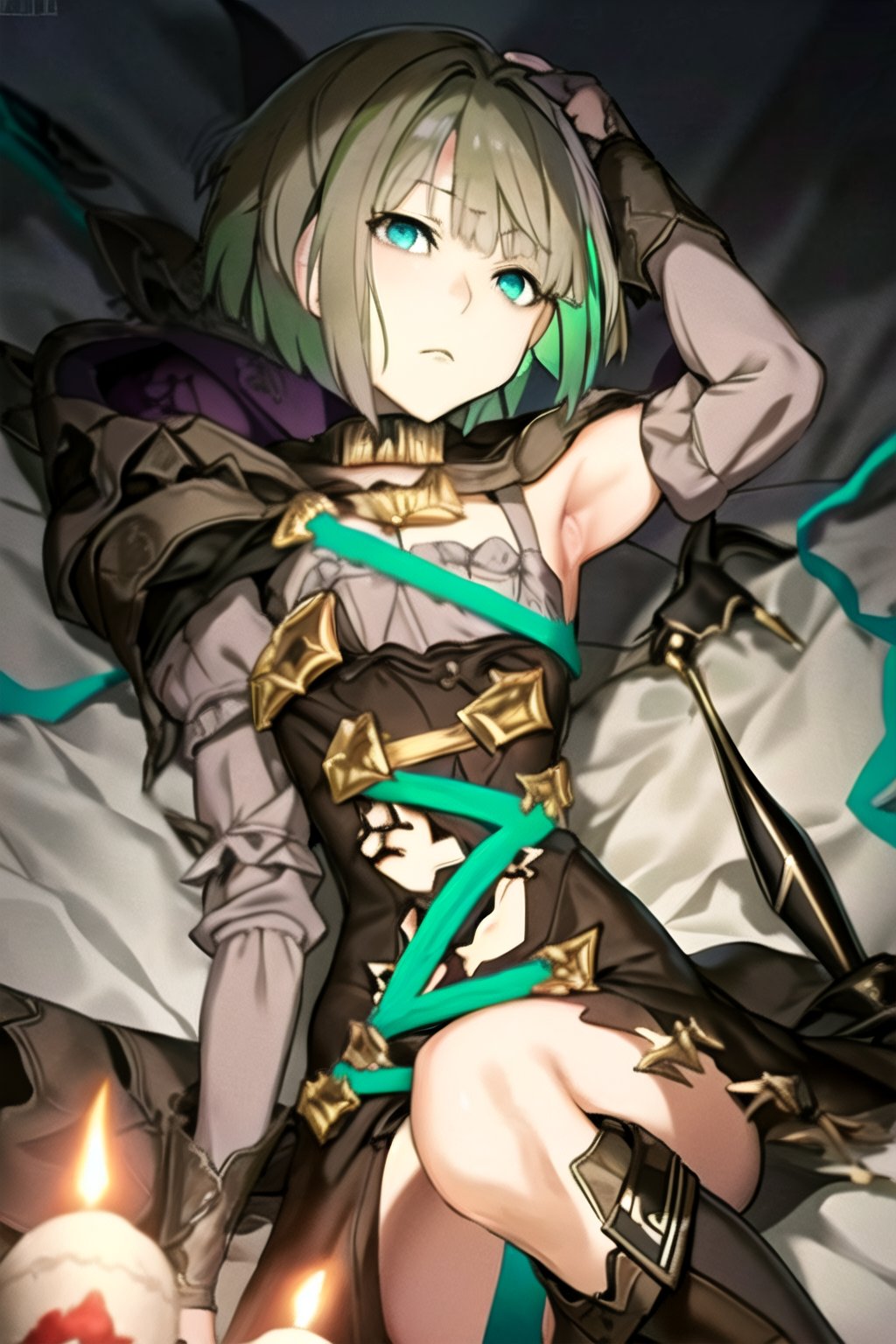 <lora:gretel:1>,gretel , sinoalice, teal eyes, short hair, bob hair, brown torn dress, glowing teal ribbon, brown boots, looking at viewer,((lying on a ground)), at candlelight cathedral, full body, depth of field, dynamic angle, dynamic light,best quality ,masterpiece, high resolution, detailed