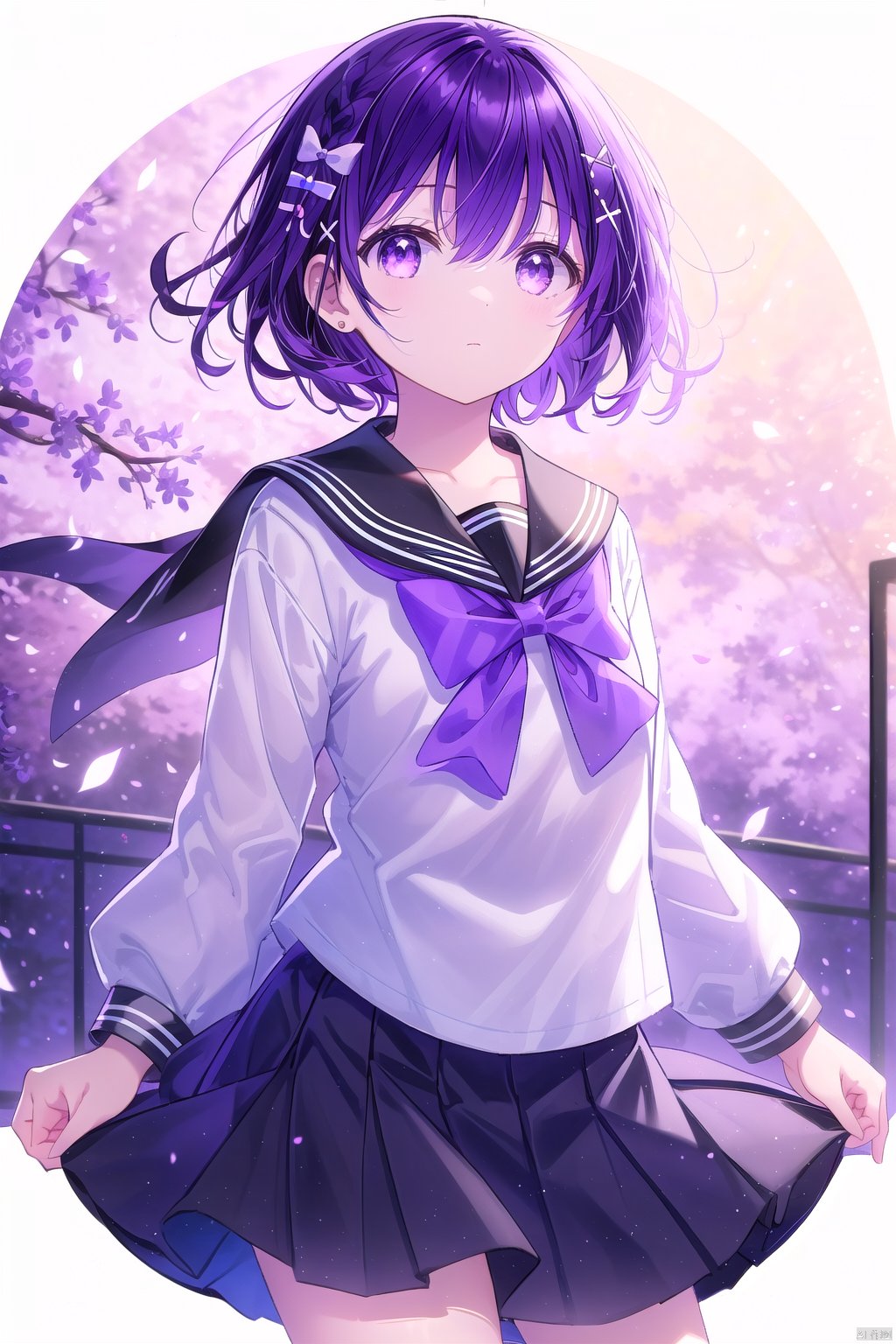 1girl, solo, looking at viewer, short hair, bangs, skirt, shirt, hair ornament, long sleeves, bow, hair between eyes, closed mouth, school uniform, standing, purple eyes, purple hair, hair bow, cowboy shot, pleated skirt, serafuku, black skirt, sailor collar, white bow, black sailor collar, arms at sides, transparent