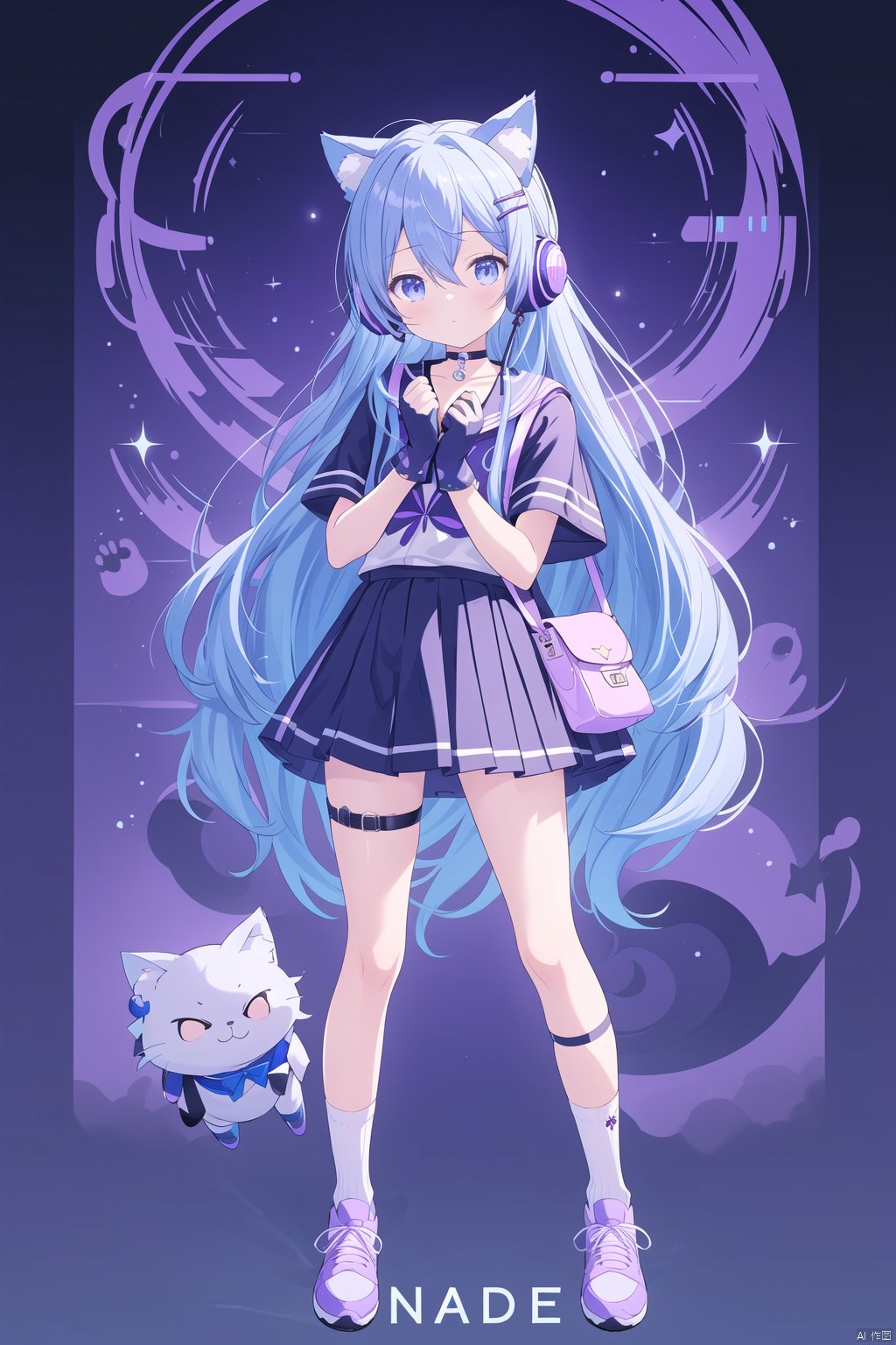  kanade,1girl, solo, long hair, looking at viewer, bangs, blue eyes, skirt, shirt, hair ornament, gloves, animal ears, hair between eyes, very long hair, closed mouth, blue hair, full body, short sleeves, shoes, choker, socks, hairclip, striped, fingerless gloves, bag, character name, kneehighs, black shirt, clothing cutout, thigh strap, fake animal ears, headphones, own hands together, sneakers, shoulder bag, purple shirt, shoulder cutout, purple footwear, animal ear headphones, striped socks, cat ear headphones, purple socks, du, kanade, cuteloli, mahiro