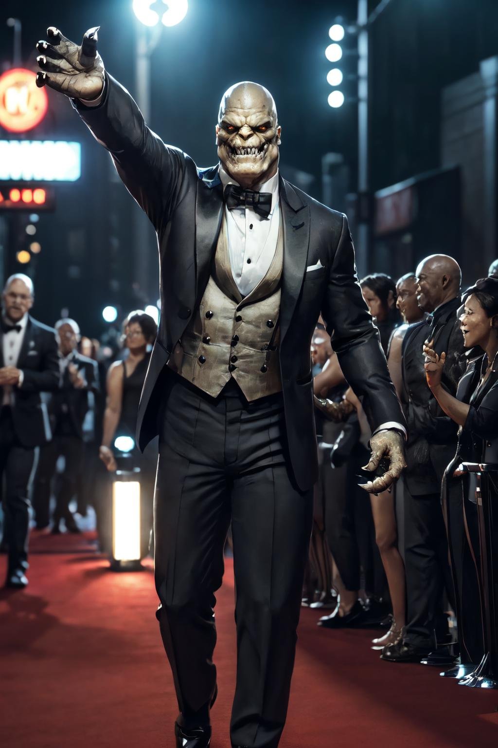 ((upper body, a man wearing a tuxedo:1.4, hollywood, movie theatre walking on a red carpet, crowd of photopraphers, waving with hand,at night, smile)),beautiful eyes, high detail skin, high detail eyes, high detail hair, highres, ultra detailed, sharpen picture, Highly detailed, masterpiece, best quality, photorealistic,  <lora:Killer CrocLora:0.7> 1boy, scales, sharp teeth, muscular, claws, glowing eyes:1.2, 