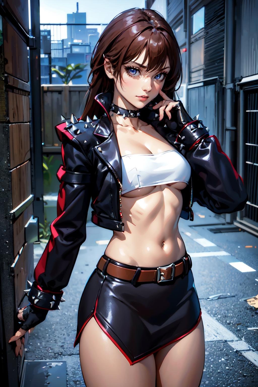 upper body, a woman in a dark alley, trash, thunder:1.2, beautiful eyes, beautiful girl, high detail skin, high detail eyes, high detail hair, highres, ultra detailed, sharpen picture, Highly detailed, masterpiece, best quality, photorealistic, dynamic fighting pose <lora:NagiLora:0.7> 1girl, long hair, open jacket, spikes on shoulder, strapless, white bandeau, fingerless gloves with spikes on knuckles, midriff, belt, choker, underboob, miniskirt