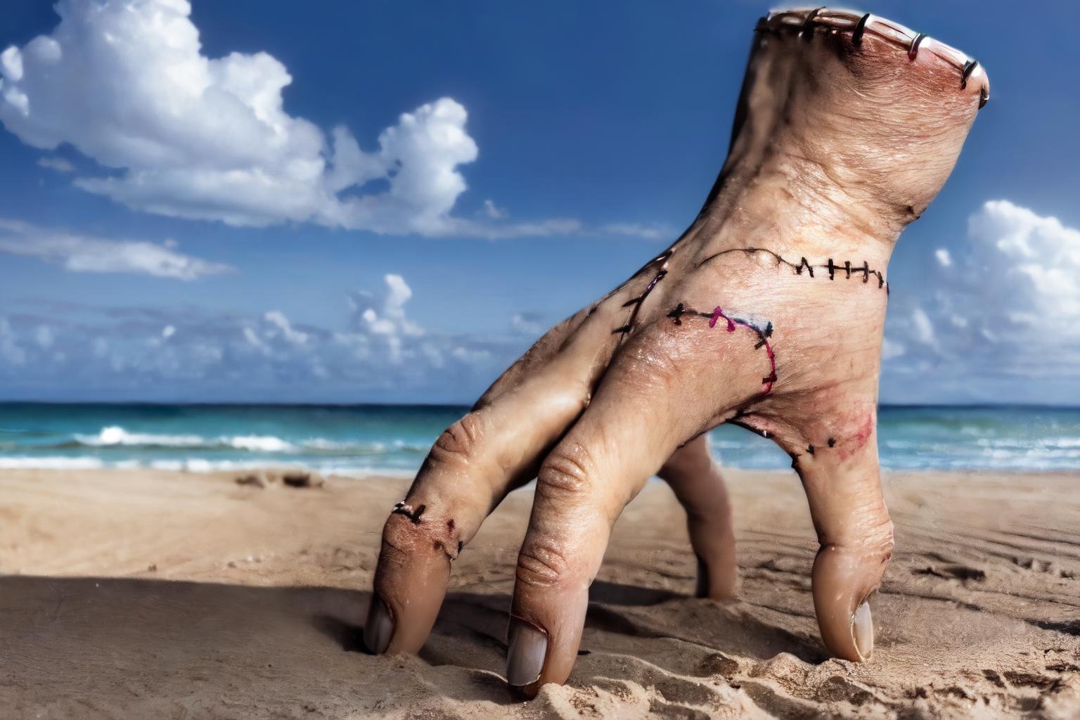 ((on the beach, sunny, white clouds,,)), high detail skin, high detail eyes, high detail hair, highres, ultra detailed, sharpen picture, Highly detailed, masterpiece, best quality, photorealistic,   <lora:thingthingthingLora:1> severed hand, black nails, stitches, fingers, thing (addams family), standing