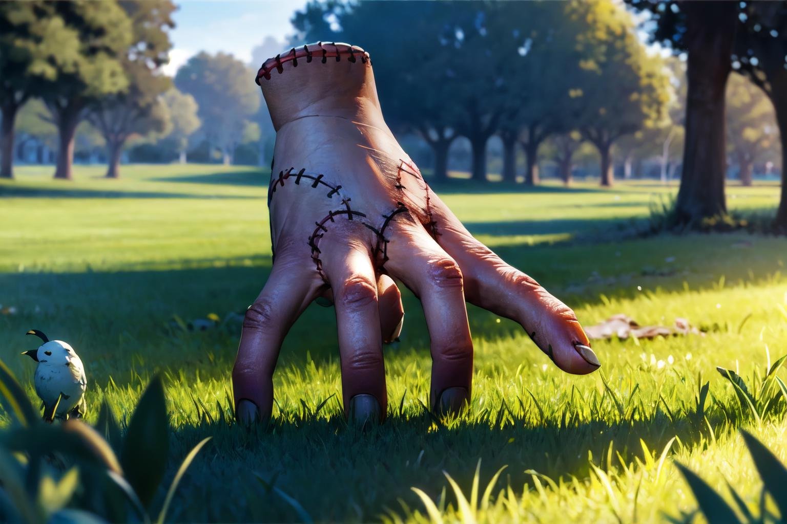 in a park, laying in the grass, birds, high detail skin, high detail eyes, high detail hair, highres, ultra detailed, sharpen picture, Highly detailed, masterpiece, best quality, photorealistic,  <lora:thingthingthingLora:1> severed hand, black nails, stitches, fingers, thing (addams family), standing