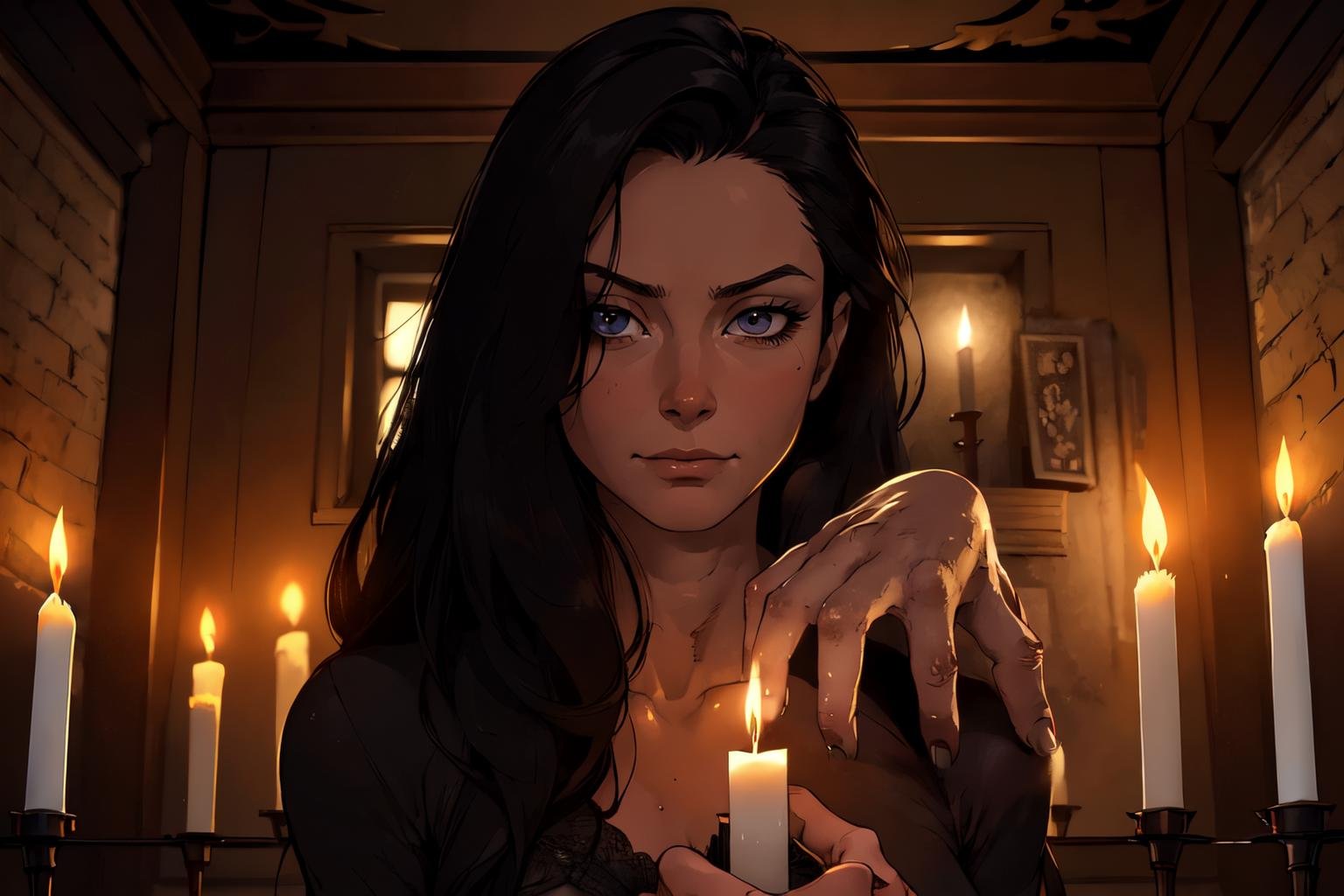 ( portrait, in an old creepy building, dark, candle light, ), high detail skin, high detail eyes, high detail hair, highres, ultra detailed, sharpen picture, Highly detailed, masterpiece, best quality, photorealistic,   <lora:thingthingthingLora:1> severed hand, black nails, stitches, fingers, thing (addams family), standing, standing on shoulder