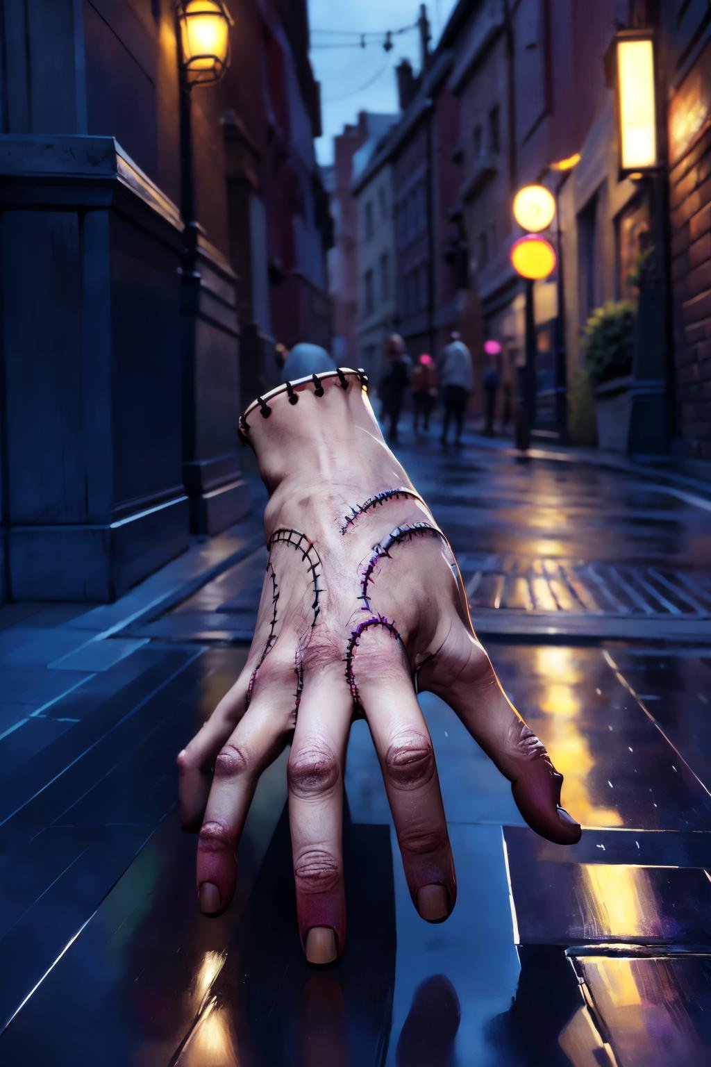 on a street, rain, crowd of people scream in fear,, high detail skin, high detail eyes, high detail hair, highres, ultra detailed, sharpen picture, Highly detailed, masterpiece, best quality, photorealistic,   <lora:thingthingthingLora:1> severed hand, black nails, stitches, fingers, thing (addams family), standing