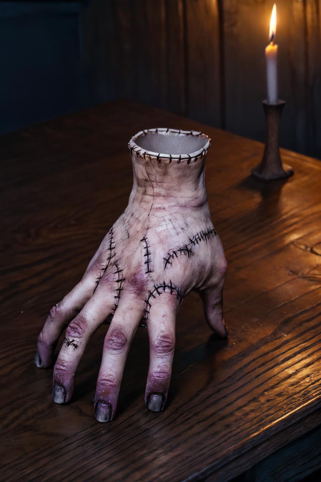 (in a old creepy building, dark, candle light, on a old wooden desk, papers, pen, ), high detail skin, high detail eyes, high detail hair, highres, ultra detailed, sharpen picture, Highly detailed, masterpiece, best quality, photorealistic,  <lora:thingthingthingLora:1> severed hand, black nails, stitches, fingers, thing (addams family), standing