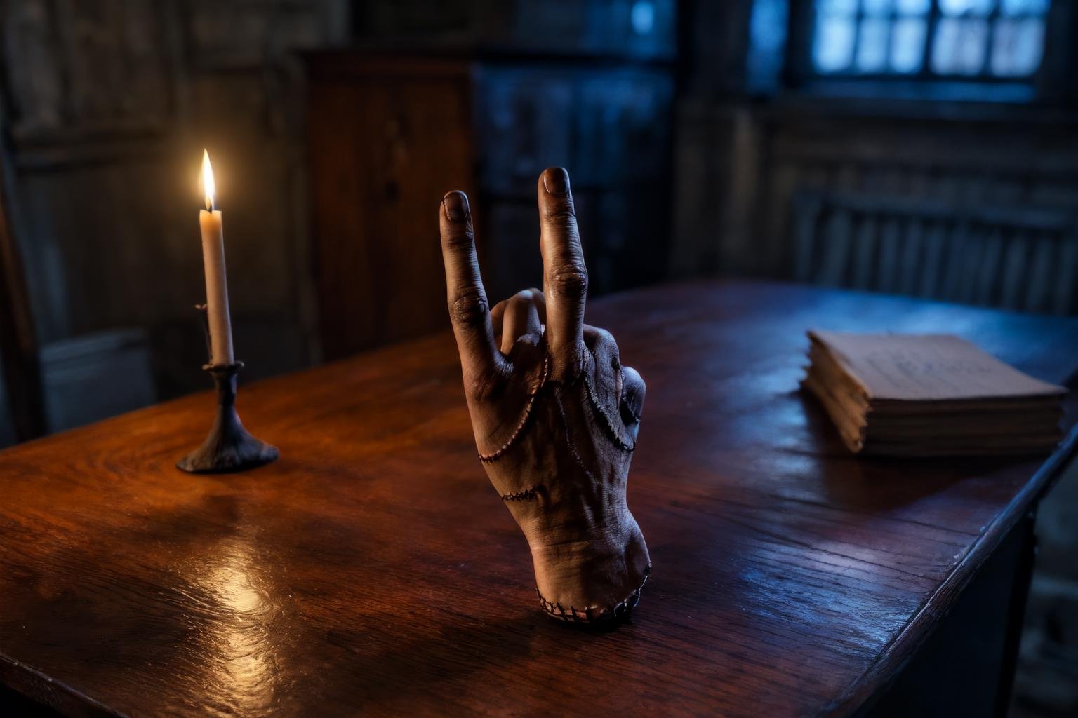 (in a old creepy building, dark, candle light, on an old wooden desk, papers, pen, ), high detail skin, high detail eyes, high detail hair, highres, ultra detailed, sharpen picture, Highly detailed, masterpiece, best quality, photorealistic,  <lora:thingthingthingLora:1> severed hand, black nails, stitches, fingers, thing (addams family), waving
