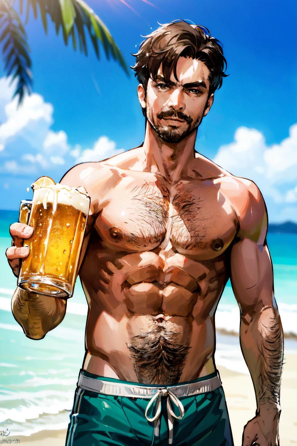 on the beach. blue sky, white clouds, holding beer, beautiful eyes, high detail skin, high detail eyes, high detail hair, highres, ultra detailed, sharpen picture, Highly detailed, masterpiece, best quality, photorealistic,<lora:ComedianLora:0.7> 1boy, short hair, facial hair, nude, green shorts