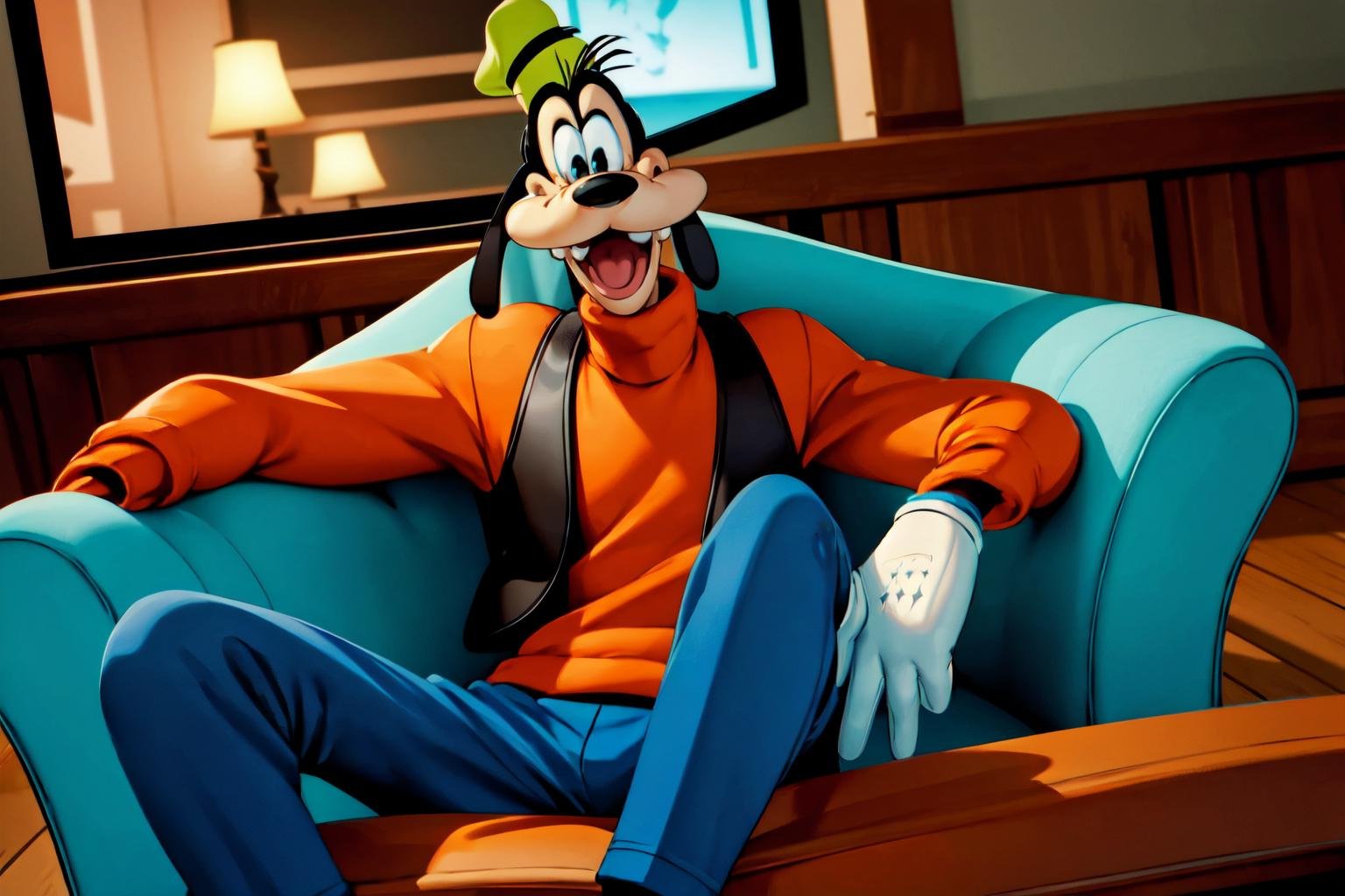 sitting on a couch, tv, snacks,high detail skin, high detail eyes, high detail hair, highres, ultra detailed, sharpen picture, Highly detailed, masterpiece, best quality, photorealistic,<lora:GoofyLoRA:0.9> 1boy, buck teeth, gloves, hat, sweater, vest, pants, 