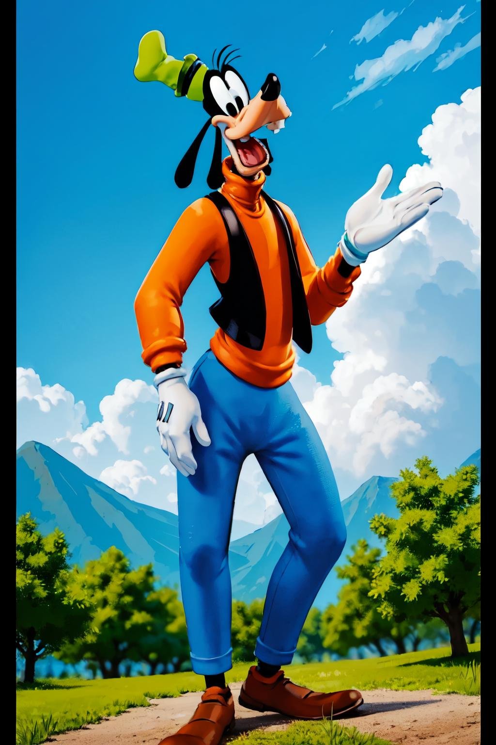 standing in a park, blue sky, white clouds, birds,high detail skin, high detail eyes, high detail hair, highres, ultra detailed, sharpen picture, Highly detailed, masterpiece, best quality, photorealistic, <lora:GoofyLoRA:1> 1boy, buck teeth, gloves, green hat, orange sweater,  black vest, blue pants, shoes