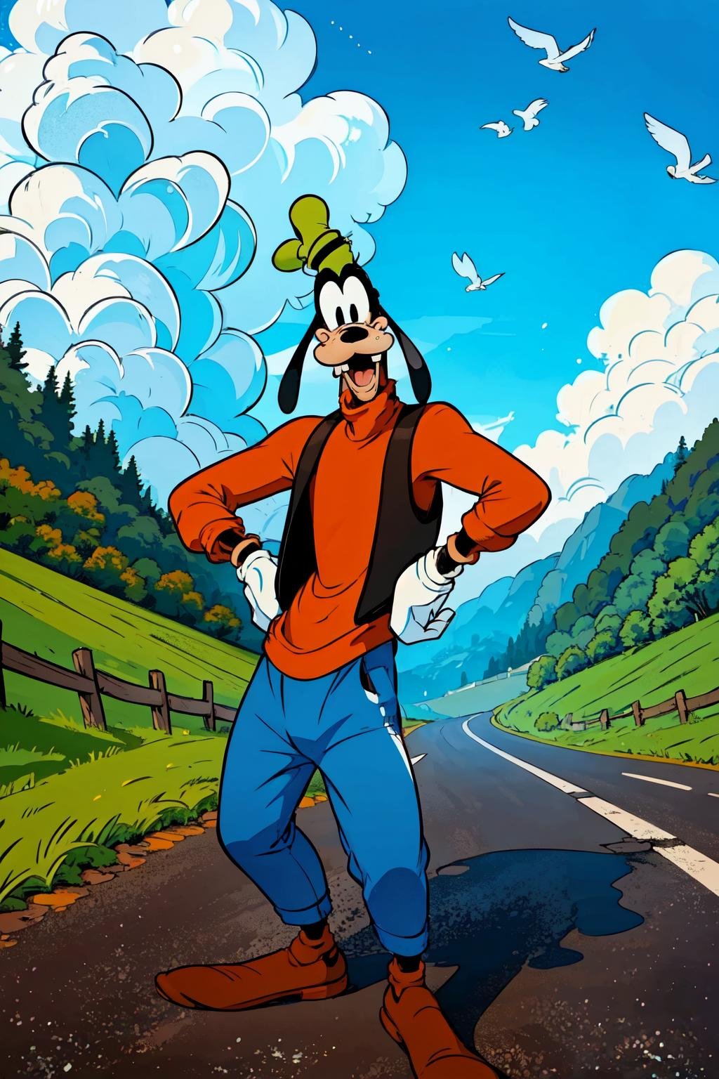 standing on a road, blue sky, white clouds, birds,high detail skin, high detail eyes, high detail hair, highres, ultra detailed, sharpen picture, Highly detailed, masterpiece, best quality, photorealistic, <lora:GoofyLoRA:1> 1boy, buck teeth, gloves, green hat, orange sweater,  black vest, blue pants, shoes