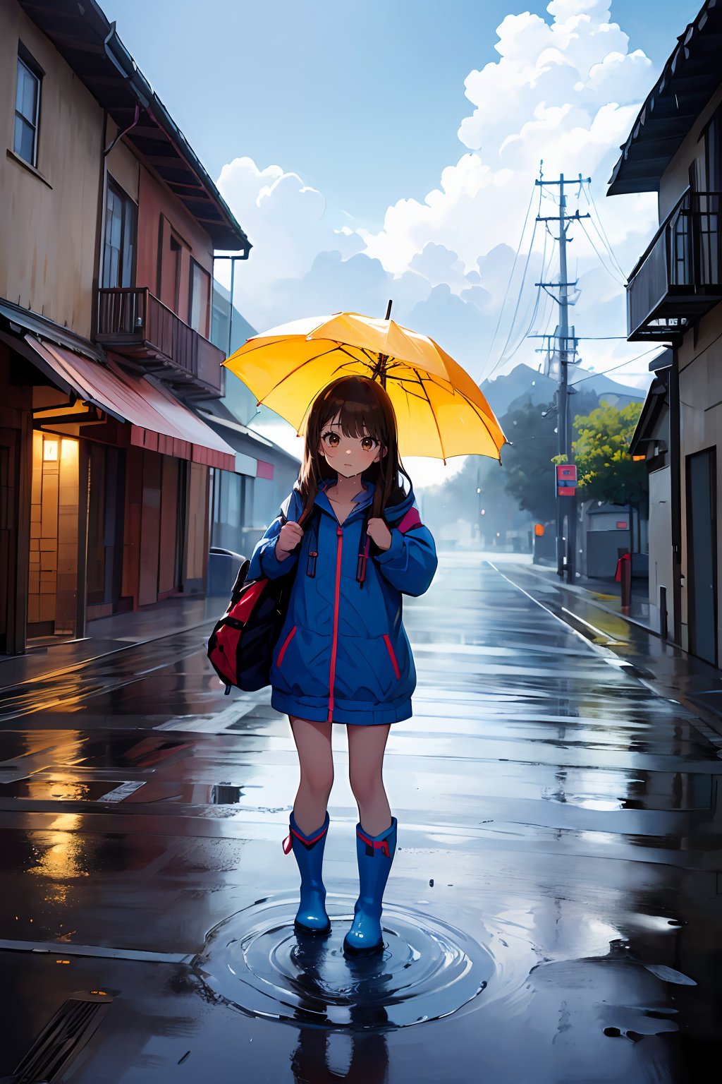 ((masterpiece, best quality, absurdres, highres, ultra detailed, high resolution, very fine 8KCG wallpapers)), 1 girl, solo, brunette hair, long hair, bangs, brown eyes, animejojihuku, kids clothes, short raincoat, rain boots, umbrella, blue skies through the clouds, wet roads, small puddles,<lora:EMS-3262-EMS:1.000000>,<lora:EMS-305265-EMS:0.600000>