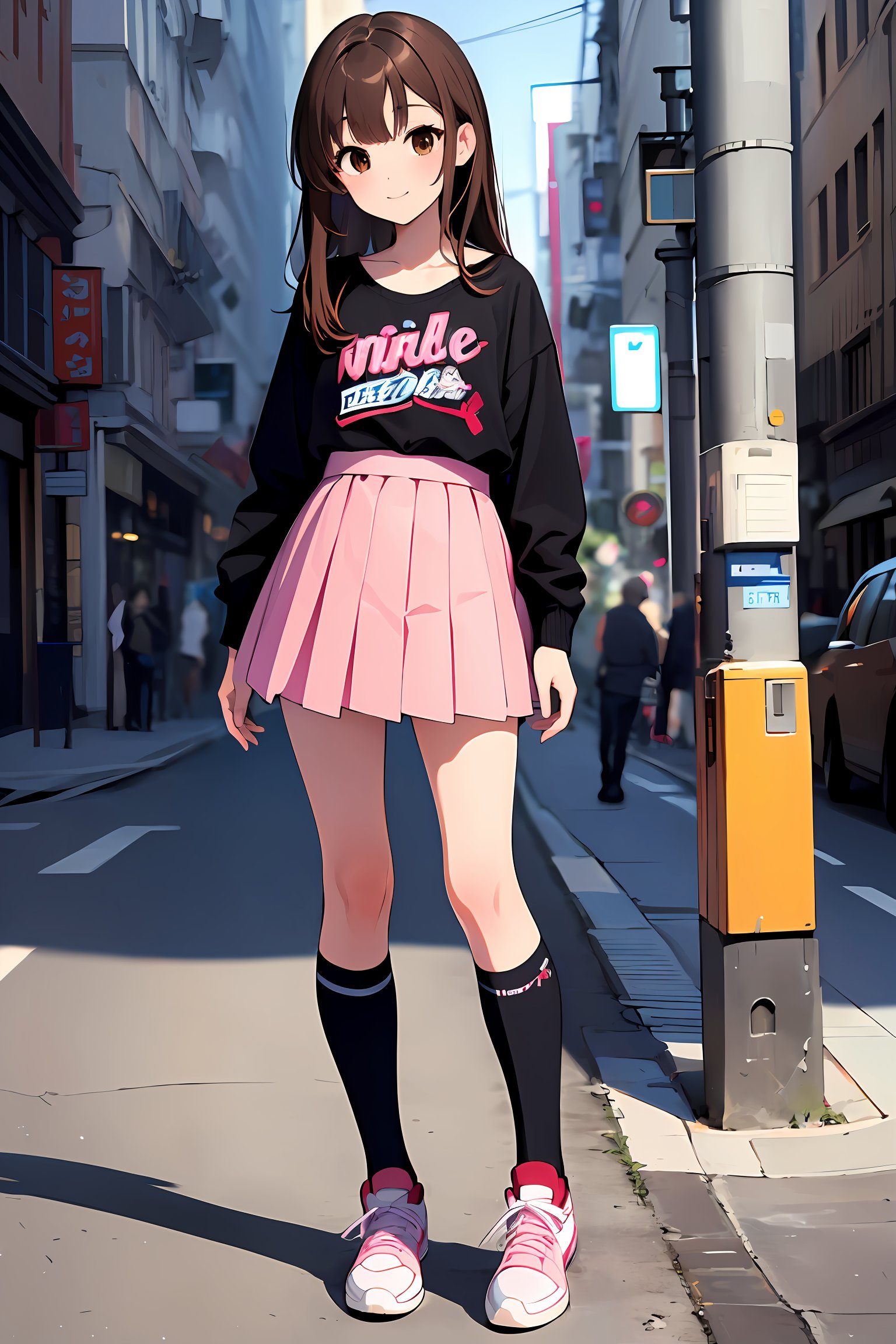 ((masterpiece, best quality, absurdres, highres, ultra detailed, high resolution, very fine 8KCG wallpapers)), 1 girl, solo, evil smile, brunette hair, long hair, bangs, brown eyes, animejojihuku, kids clothes, skirt, knee high socks, sneakers, standing,<lora:EMS-3262-EMS:1.000000>,<lora:EMS-305265-EMS:0.600000>