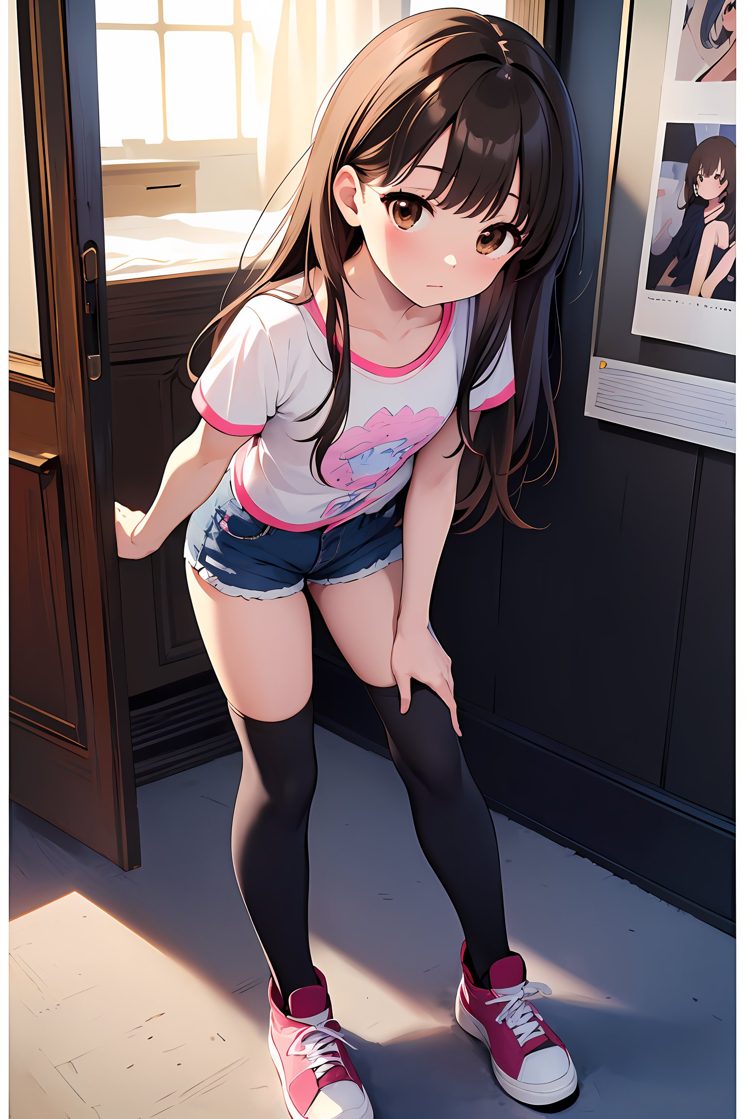 ((masterpiece, best quality, absurdres, highres, ultra detailed, high resolution, very fine 8KCG wallpapers)), 1 girl, solo, embarrassing, brunette hair, long hair, bangs, brown eyes, animejojihuku, kids clothes, denim short shorts, thigh high socks, over knee high socks, sneakers,<lora:EMS-3262-EMS:1.000000>,<lora:EMS-305265-EMS:0.600000>