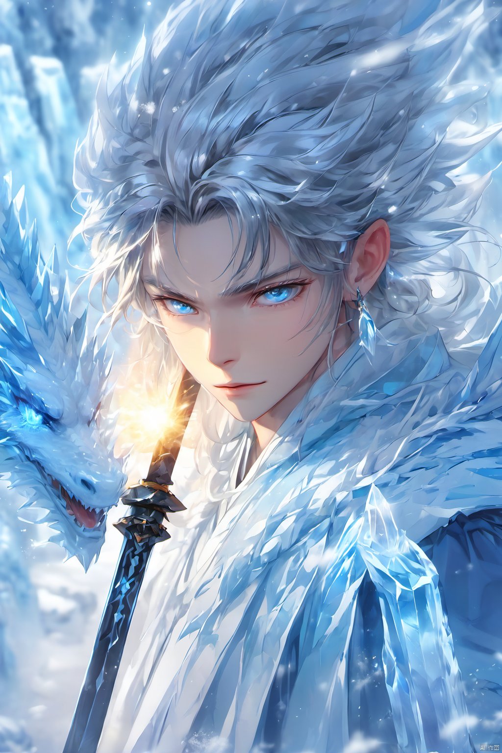 1boy, blue eyes, closed mouth, eyelashes, face, floating hair, glowing, holding,Ice Magic,Ice crystal,Icicles,ice,Chinese Ice Dragon, holding weapon,Chinese clothing, looking at viewer, male focus, solo, sword, weapon, white hair