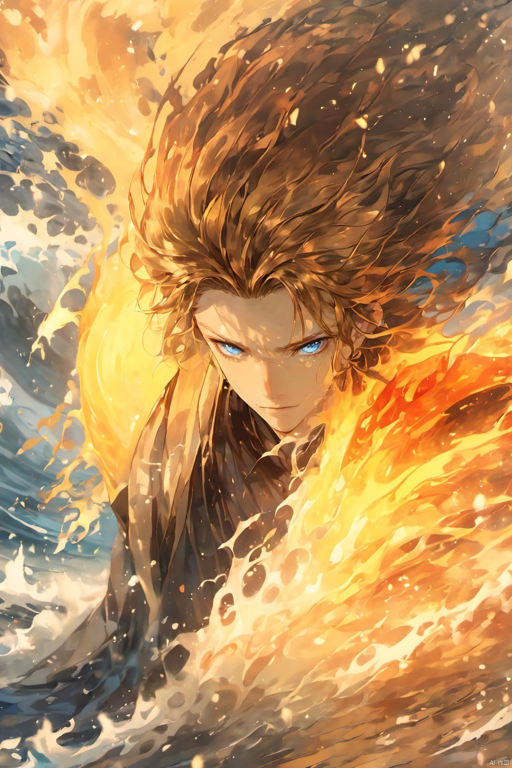 1boy, blue eyes, burning, closed mouth, evening, fire, flame, floating hair,fluid,Flowing water,Water magic ,Fluid flame, long hair, looking at viewer, ocean, partially submerged, ripples, solo, water, water drop, waves, wet