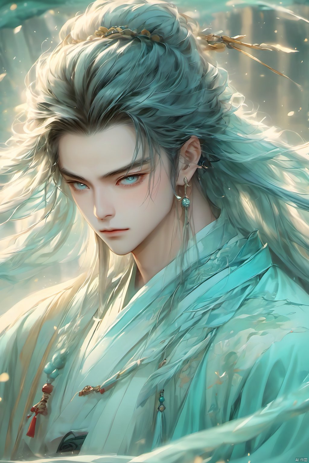 Wind Magic,Ancient Chinese men,1boy, aqua hair, blurry, blurry background, blurry foreground, closed mouth, depth of field, eyelashes, hair ornament, jewelry, lips, long hair, looking at viewer, realistic, solo, upper body, water,Ancient Chinese Hanfu,wind