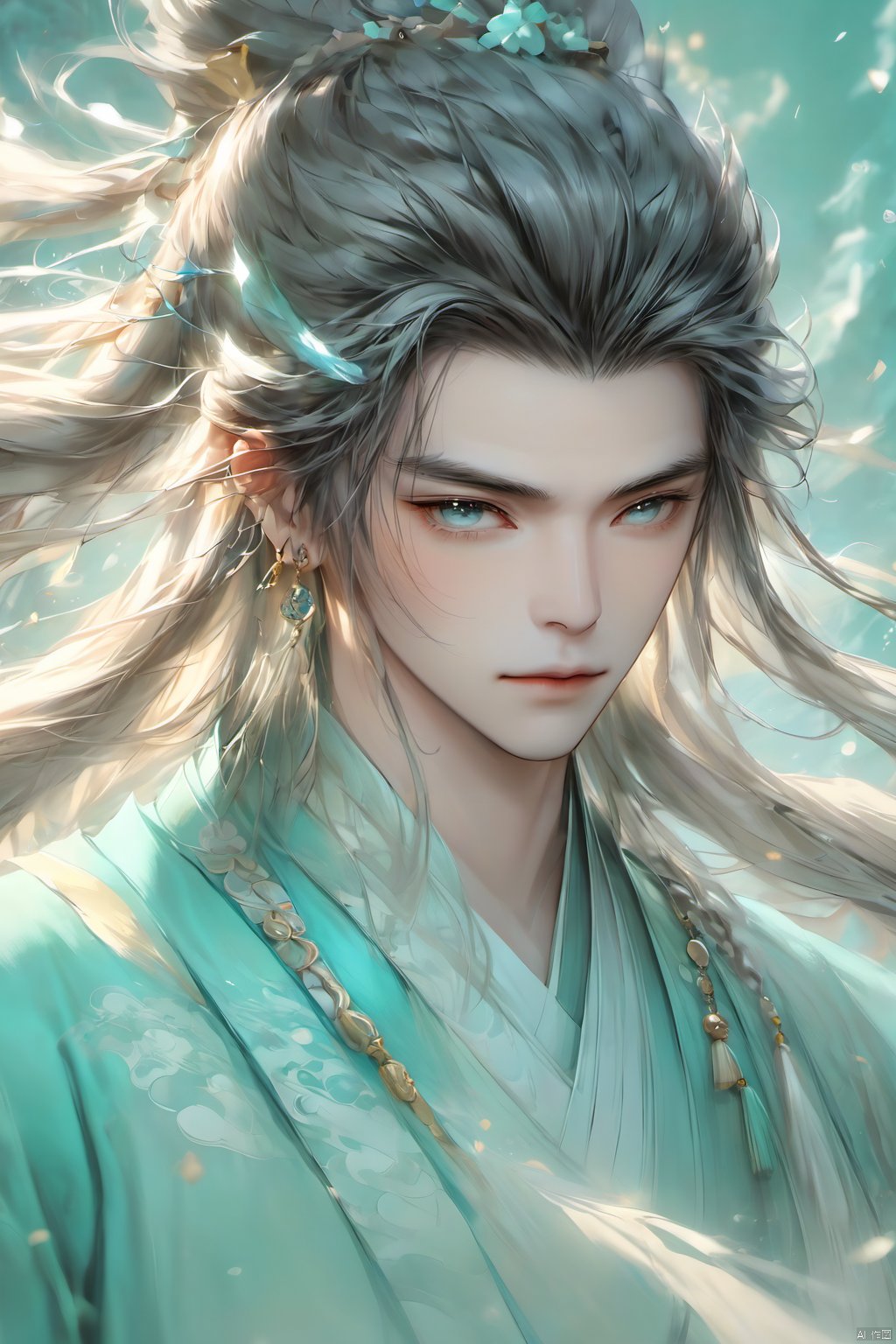 Wind Magic,Ancient Chinese men,1boy, aqua hair, blurry, blurry background, blurry foreground, closed mouth, depth of field, eyelashes, hair ornament, jewelry, lips, long hair, looking at viewer, realistic, solo, upper body, water,Ancient Chinese Hanfu,wind