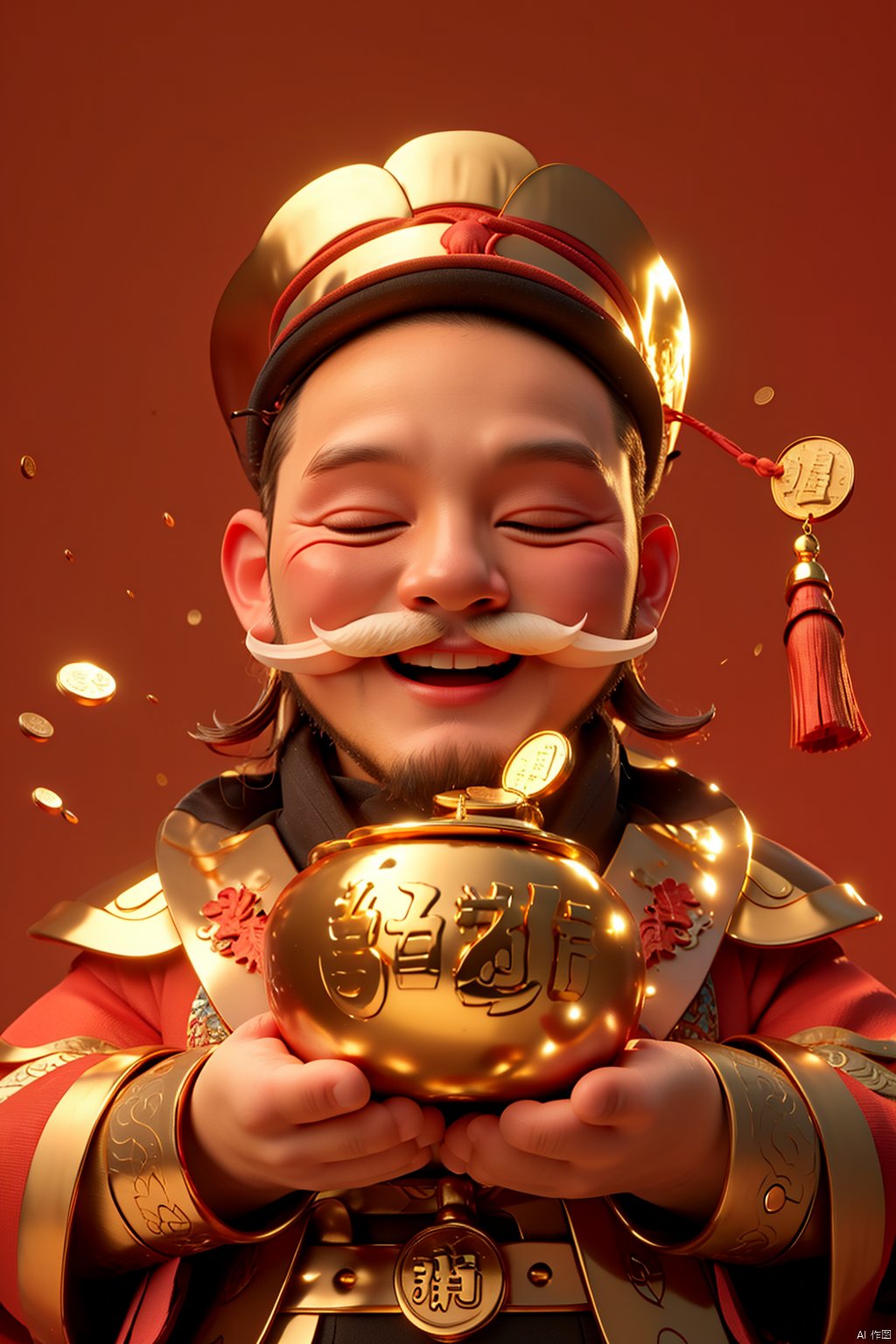  {{best quality}}, {{masterpiece}}, {{ultra-detailed}}, {illustration}, {detailed light}, {an extremely delicate and beautiful}, (\cai qi chong tian\),closed eyes, blush, facial hair, solo, red background, smile, mustache, male focus, 1boy, holding, hat, long sleeves, beard, tassel, gold, simple background, facing viewer, open mouth, coin