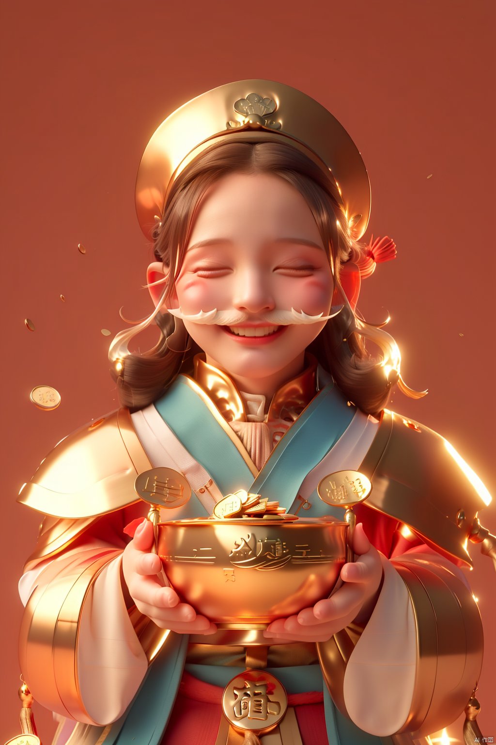  {{best quality}}, {{masterpiece}}, {{ultra-detailed}}, {illustration}, {detailed light}, {an extremely delicate and beautiful}, (\cai qi chong tian\),closed eyes, blush, facial hair, solo, red background, smile, mustache, male focus, 1boy, holding, hat, long sleeves, beard, tassel, gold, simple background, facing viewer, open mouth, coin