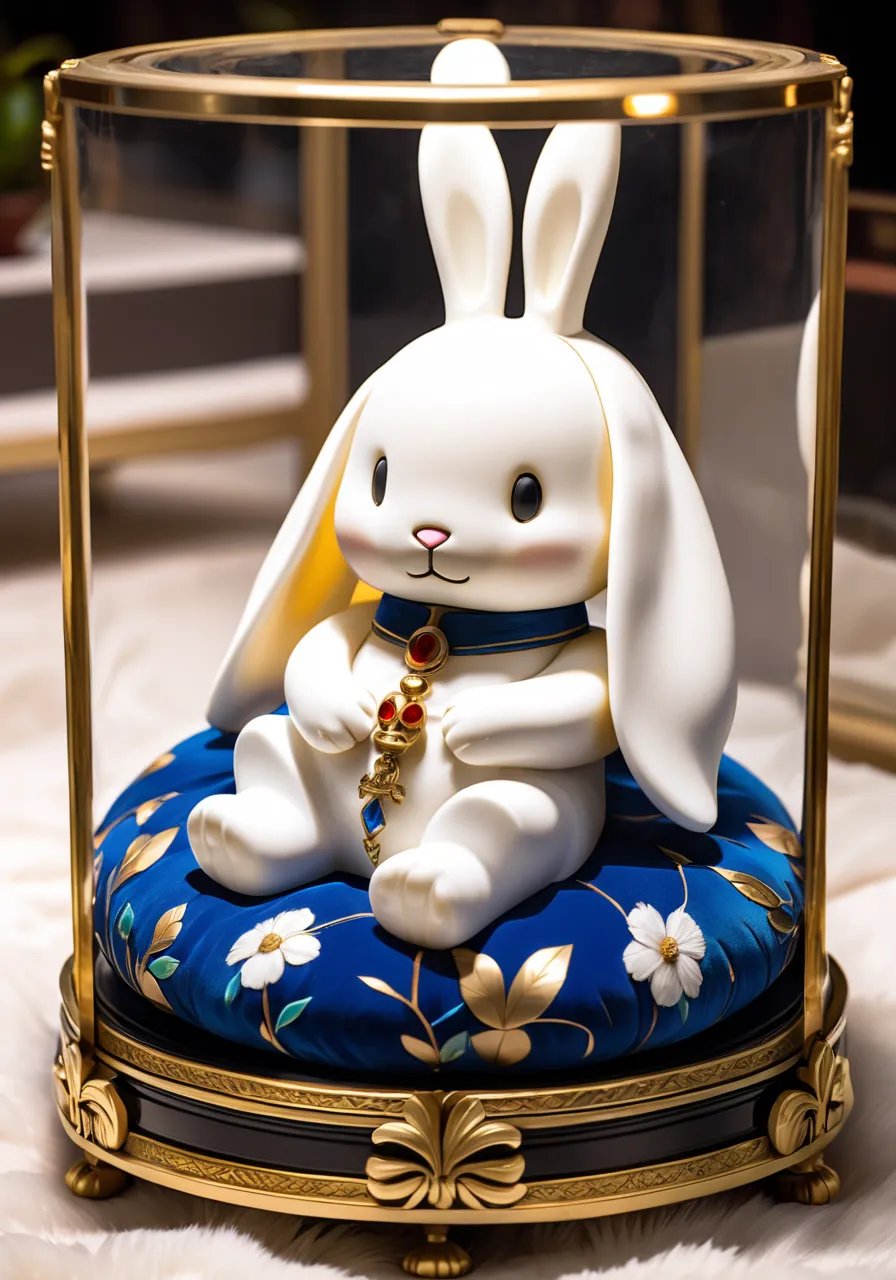 highres,best quality,natural,  A photo of a mummified Miffy, the iconic white bunny character, lying peacefully on a velvet cushion inside an intricately decorated glass display case, with its fur preserved in a pristine condition, its eyes closed peacefully, and its little paws gently crossed over each other, evoking a sense of tranquility and reverence.,cinematic photo official art, 8k wallpaper,ultra detailed, aesthetic quality,photorealistic,entangle,dynamic angle,the most beautiful form of chaos,elegant,a brutalist designed,vivid colours,romanticism,atmospheric . 35mm photograph, film, bokeh, professional, 4k, highly detailed, skin detail realistic, ultra realistic,Perspective