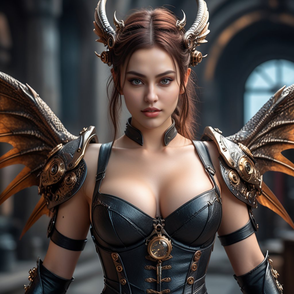 masterpiece,best quality,official art, extremely detailed CG unity 8k wallpaper,absurdres,8k resolution,close up portrait,exquisite facial features,prefect face,shiny skin,steampunk,cyberpunk,fly,selfieA beautiful girl demon with open dragon wings and her big breasts in a perfect sensual posture,more detail XL