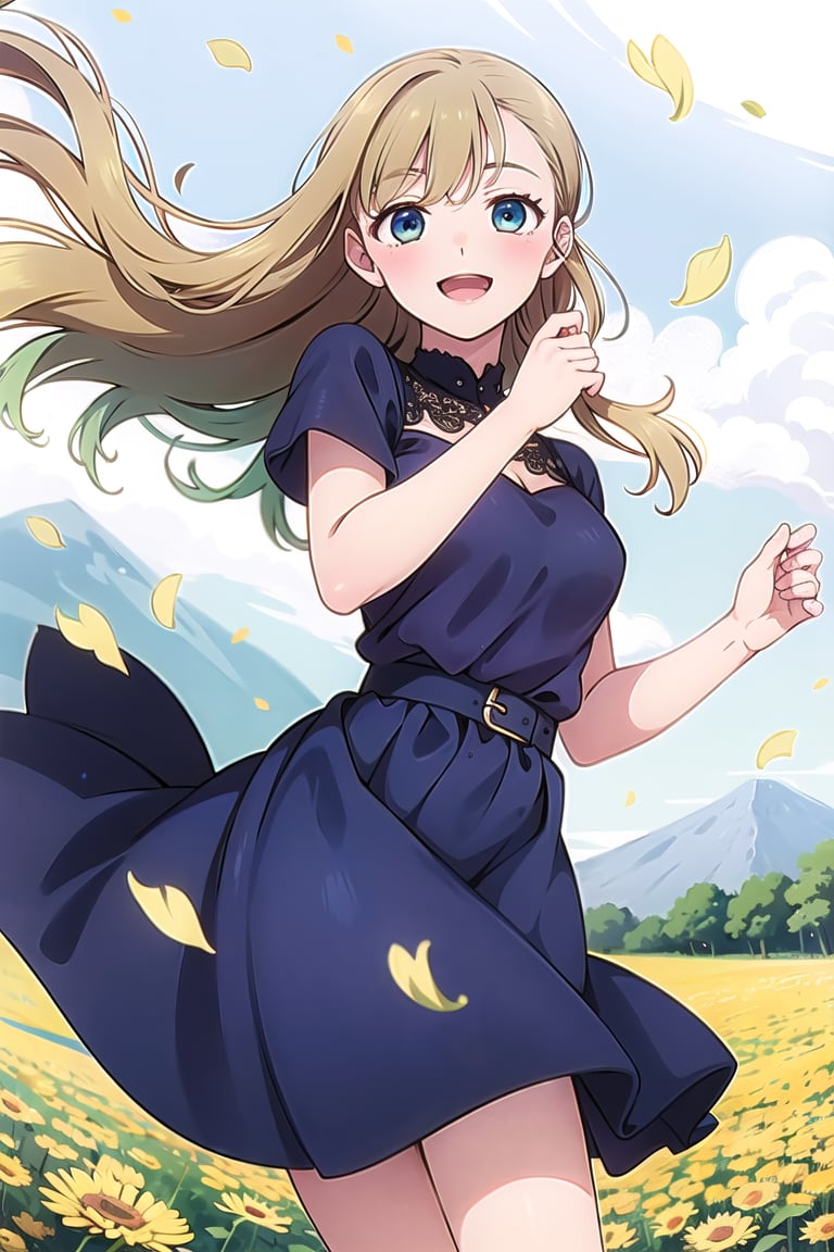 Masterpiece,Best  Quality, High Quality,  (Sharp Picture Quality), Blond, long hair, dark blue dresses, wind blowing, breeze fluttering hair, petals dancing, sunny, one woman, the best smile,