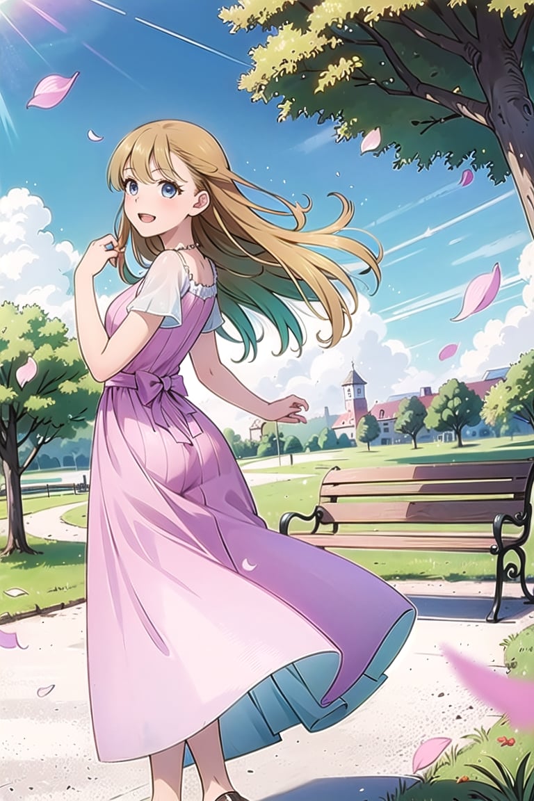 Masterpiece,Best  Quality, High Quality,  (Sharp Picture Quality), Blond, long hair, pink dresses, wind blowing, fluttering hair, petals dancing, park, sunny, one woman, the best smile, bench,long dress,Put your hands back, tilt your body forward