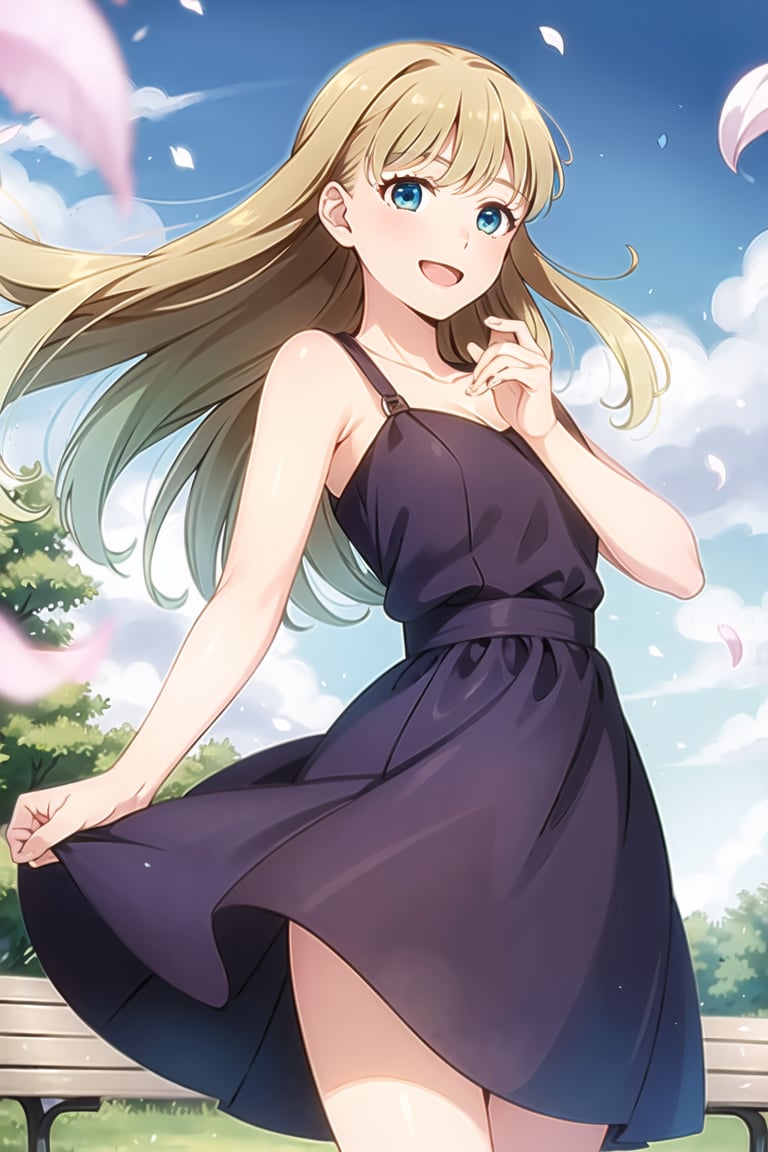 Masterpiece,Best  Quality, High Quality,  (Sharp Picture Quality), Blond, long hair, dark blue dresses, wind blowing, fluttering hair, petals dancing, park, sunny, one woman, the best smile, bench