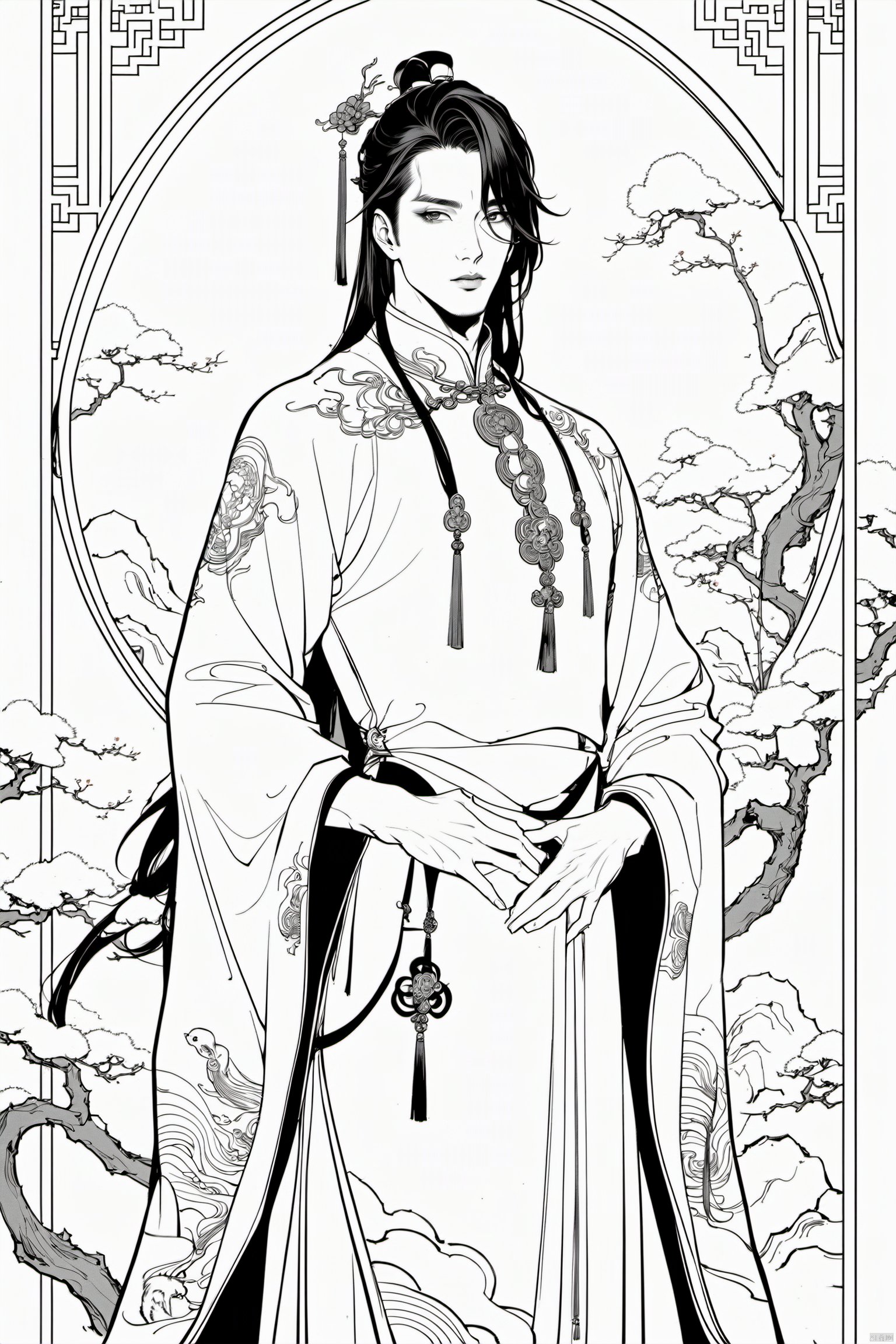 xingxiu,line style,line art,1boy,male fouce,long hair,chinese clothes, cowboy shot,(((masterpiece,best quality))),((good structure)),((Good composition)), ((clear, original,beautiful))