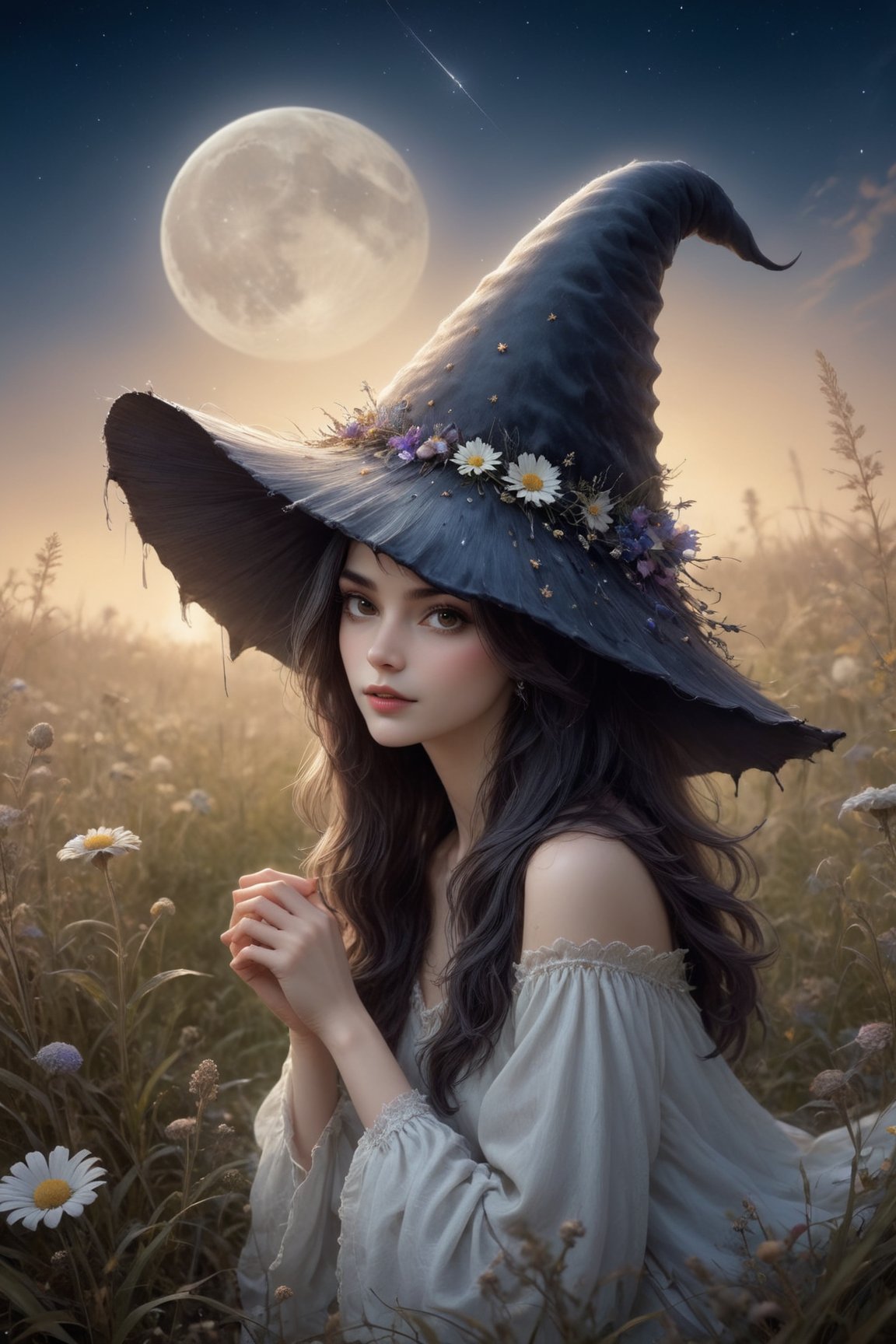 a witch sitting in the grass, stargazing, on a grassy hill of nightblooming wildflowers, a1sw-InkyCapWitch wearing sm1cdrip-witchhat, dreamy night scene, sharp focus, by tombagshaw and magali villeneuve, Decora_SWstyle,art_booster,<lora:EMS-305149-EMS:0.800000>,<lora:EMS-261918-EMS:0.300000>,<lora:EMS-275177-EMS:0.400000>