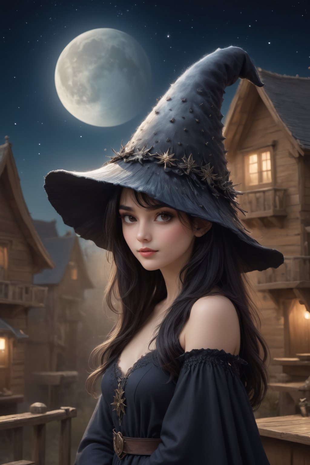 a witch stargazing on a hill, a1sw-InkyCapWitch wearing sm1cdrip-witchhat, dreamy night scene,a1sw-InkyCapWitch,<lora:EMS-305149-EMS:0.800000>