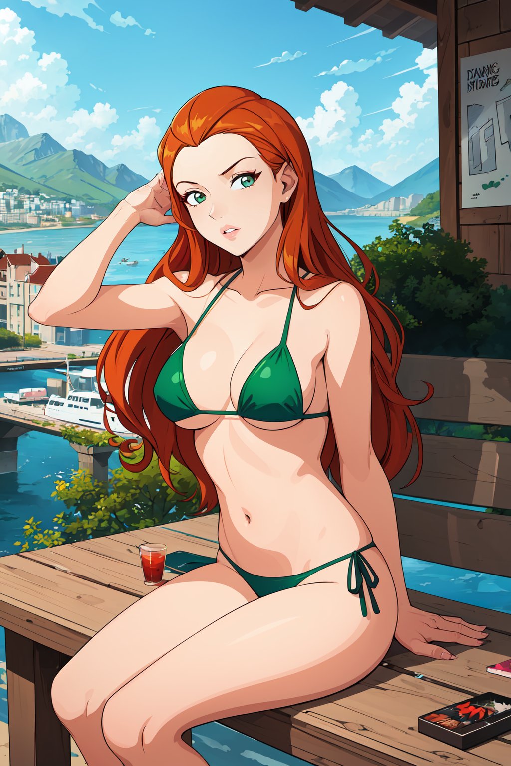 masterpiece, best quality, ultra-detailed, illustration, 1girl, sam \(totally spies\), orange hair, long hair, green eyes, micro bikini, parted lips, sitting, fantasy city <lora:brj-sam-v2-000012:0.8> <lora:GoodHands-vanilla:0.5>