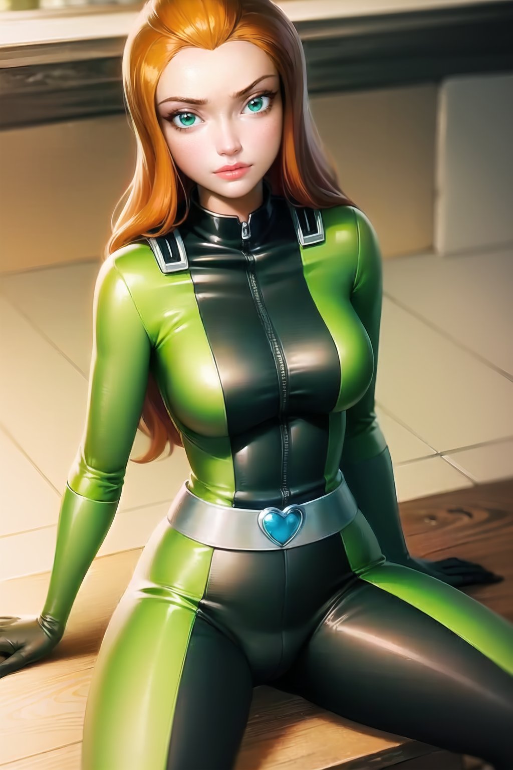 masterpiece, best quality, ultra-detailed, illustration, 1girl, sam \(totally spies\), orange hair, long hair, green eyes, green bodysuit, belt, envy, sitting on lap, summer <lora:brj-sam-v2-000012:1> <lora:GoodHands-vanilla:0.5>