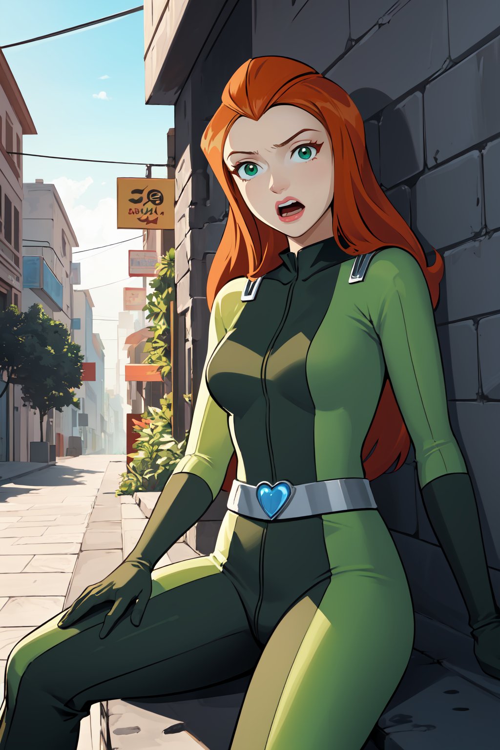 masterpiece, best quality, ultra-detailed, illustration, 1girl, sam \(totally spies\), orange hair, long hair, green eyes, green bodysuit, belt, open mouth, figure four sitting, alleyway <lora:brj-sam-v2-000012:1> <lora:GoodHands-vanilla:0.5>