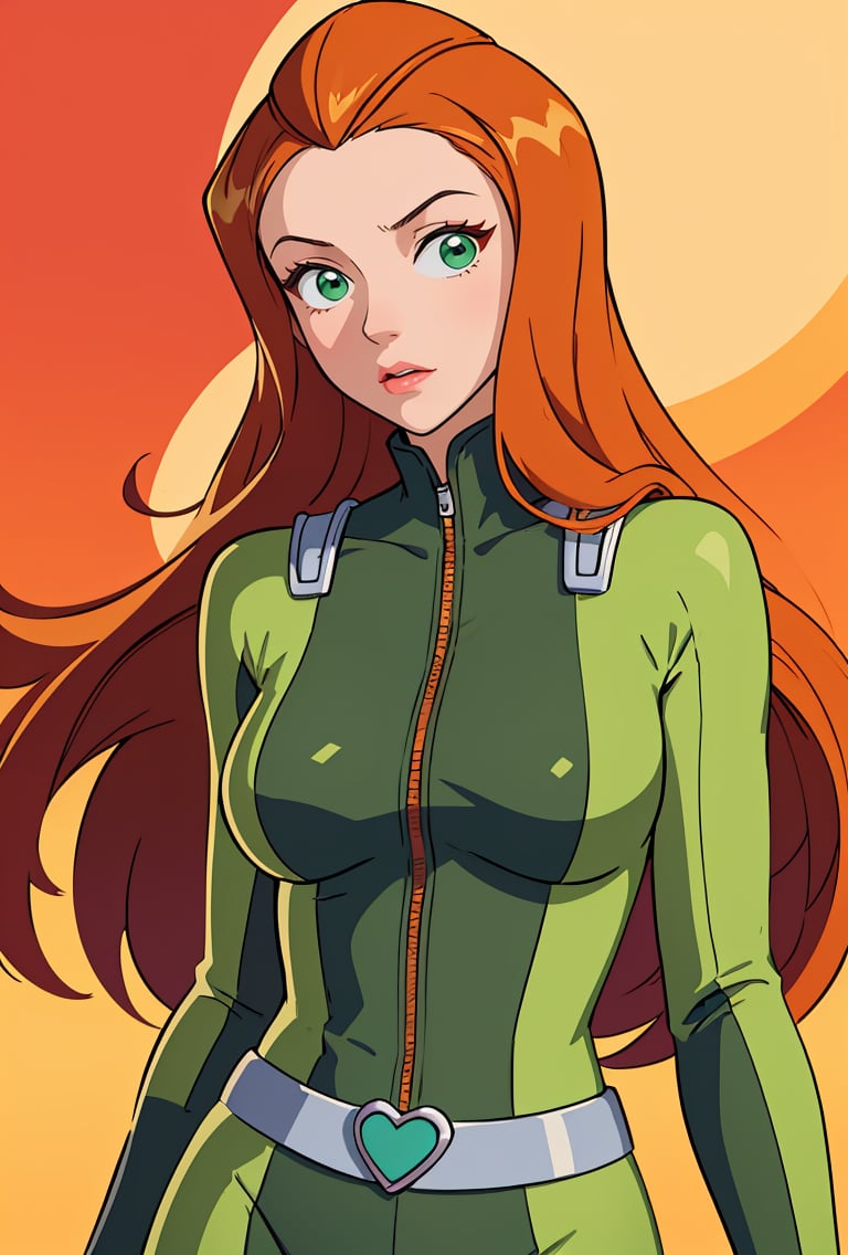 (masterpiece, best quality), 1girl,   <lora:brj-sam-v2:0.8> sam \(totally spies\), orange hair, long hair, green eyes, , green bodysuit, belt