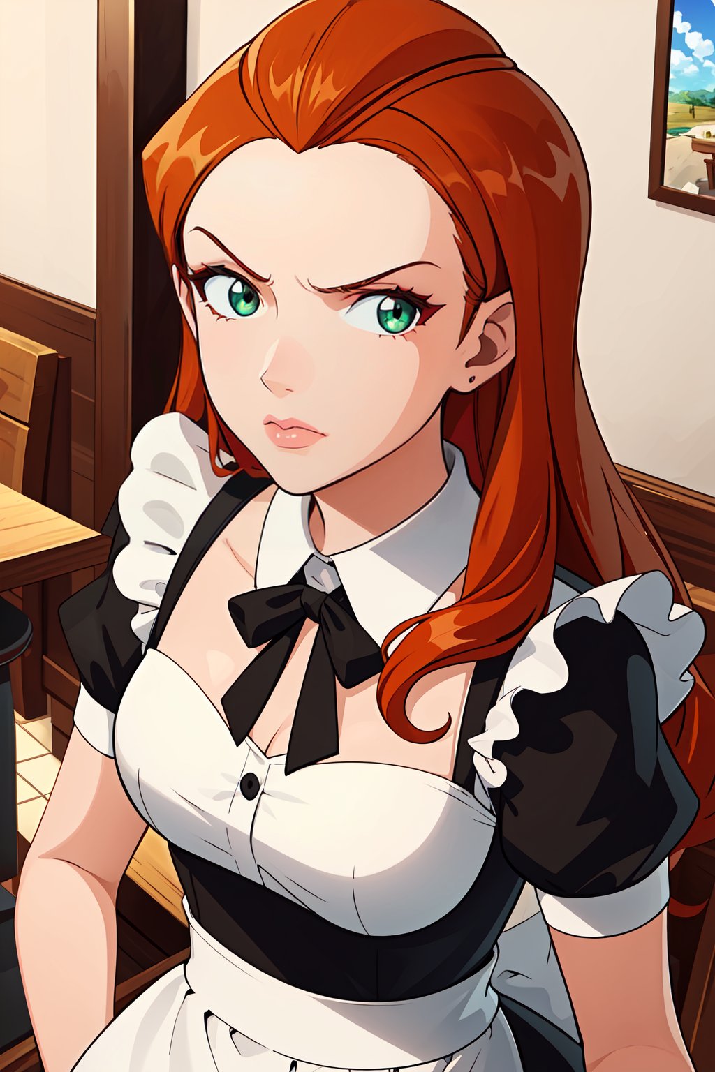 masterpiece, best quality, ultra-detailed, illustration, 1girl, sam \(totally spies\), orange hair, long hair, green eyes, maid, glaring, looking at viewer, cafe <lora:brj-sam-v2-000012:0.8> <lora:GoodHands-vanilla:0.5>