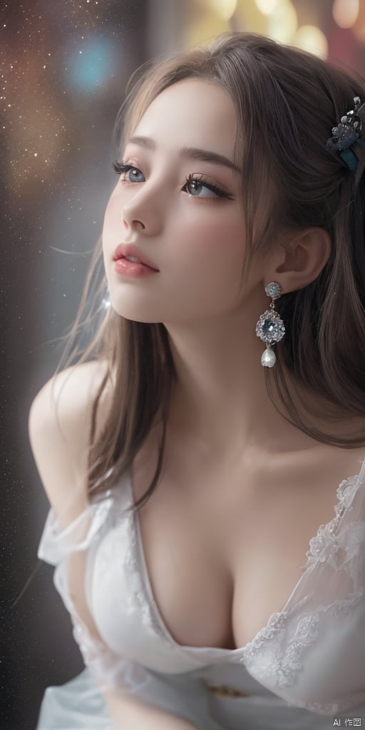  1girl,Han Chinese girls,Hanfu,chinese clothes,white themes,large breasts,jewelry, earrings,lips, makeup, portrait, eyeshadow, realistic, nose,{{best quality}}, {{masterpiece}}, {{ultra-detailed}}, {illustration}, {detailed light}, {an extremely delicate and beautiful}, a girl, {beautiful detailed eyes}, stars in the eyes, messy floating hair, colored inner hair, Starry sky adorns hair, depth of field, large breasts,cleavage,blurry, no humans, traditional media, gem, crystal, still life, Dance,movements, All the Colours of the Rainbow,zj,
simple background, shiny, blurry, no humans, depth of field, black background, gem, crystal, realistic, red gemstone, still life,
