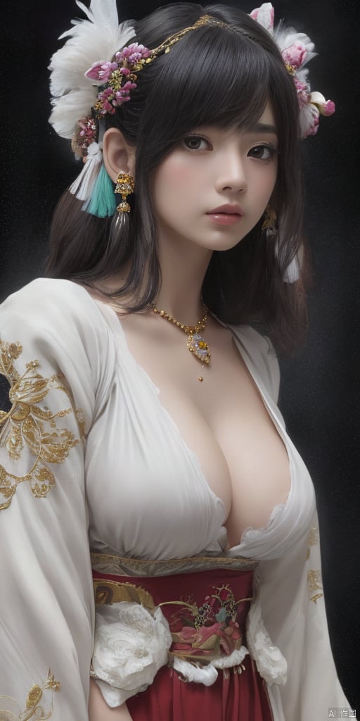  1girl,Han Chinese girls,Hanfu,chinese clothes,white themes,large breasts,jewelry, earrings,lips, makeup, portrait, eyeshadow, realistic, nose,{{best quality}}, {{masterpiece}}, {{ultra-detailed}}, {illustration}, {detailed light}, {an extremely delicate and beautiful}, a girl, {beautiful detailed eyes}, stars in the eyes, messy floating hair, colored inner hair, Starry sky adorns hair, depth of field, large breasts,cleavage,blurry, no humans, traditional media, gem, crystal, still life, Dance,movements, All the Colours of the Rainbow,zj,
simple background, shiny, blurry, no humans, depth of field, black background, gem, crystal, realistic, red gemstone, still life,
