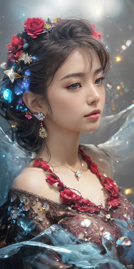  1girl,Chinese girls,jewelry, earrings,lips, makeup, portrait, eyeshadow, realistic, nose,{{best quality}}, {{masterpiece}}, {{ultra-detailed}}, {illustration}, {detailed light}, {an extremely delicate and beautiful}, a girl, {beautiful detailed eyes}, stars in the eyes, messy floating hair, colored inner hair, Starry sky adorns hair, depth of field, large breasts,cleavage,blurry, no humans, traditional media, gem, crystal, still life, Dance,movements, All the Colours of the Rainbow,zj,
simple background, shiny, blurry, no humans, depth of field, black background, gem, crystal, realistic, red gemstone, still life
