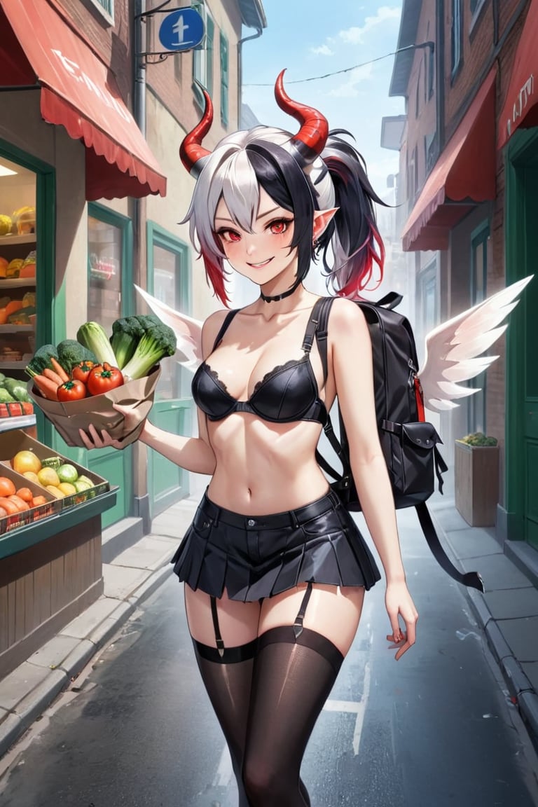 masterpiece, best quality, cowboy shot, looking at viewer, smile, 1girl, blush, thighs, low wings, single wing, wings, kayoko, red eyes, black hair, white hair, hair between eyes, multicolored hair, two-tone hair, black ponytail, ear piercing, demon horns, halo, horns, two-tone hair, cowboy shot, , striped thighhighs, bra, small breasts, carrying a lot of groceries, heavy plastic bags, big backpack, carrying on head, large bags, vegetables, carrots, leeks, baguettes, tomatoes, white milk cartons, in the street, pane, cars, shop, doors, windows, sweat, struggling, shaking, saturation, contrast,