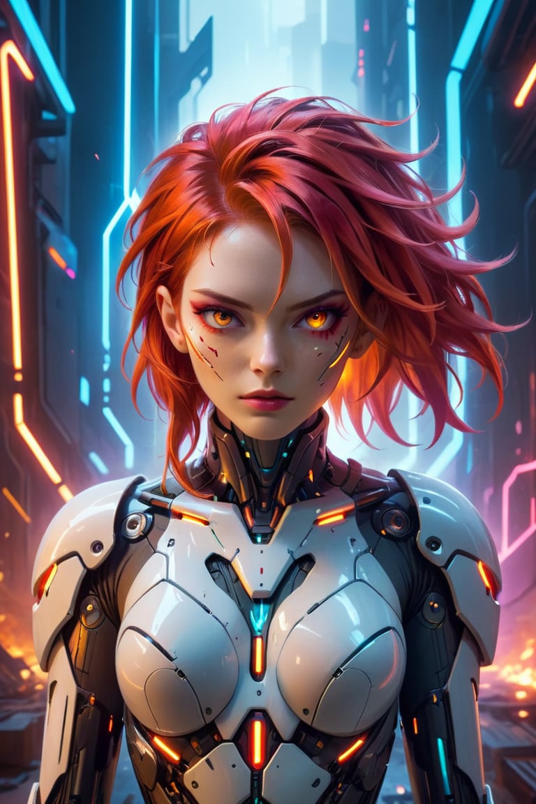 Best quality, Raw photo, face portrait, a young cyborg woman with fiery red hair. Her face fills the frame, bathed in neon hues, exuding determination and mystery amidst a futuristic backdrop