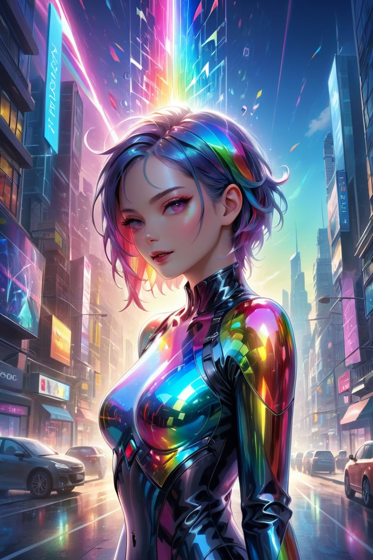 masterpiece, detailed, 1girl, chromatic dispersion, metallic_lustre, see_through, (tansparent_plastic:1.3), coloured glaze, Polychromatic prism effect, rainbowcore, iridescence/opalescence, glowing colors, aluminum foil, Glowing ambiance, cybercity_background, Tyndall Effect,