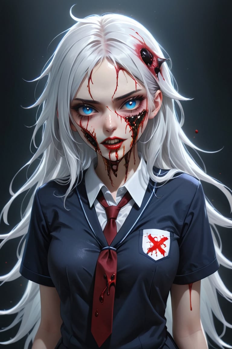 girl with a pretty face, white hair, blue eyes, (((sexy school uniform))), wearing a stylish very sexy school uniform, with a funny expression on her face, Hellwalker, incombing death, hell, black bloody veins growing and intertwining out of the darkness, oozing thick yellow blood, veins growing and pumping blood, detailed eyes, 4k, ultra-realistic, ultra-detailed, insane quality, trending on Art Station, NGC quality, UHD, HDR, intricate details