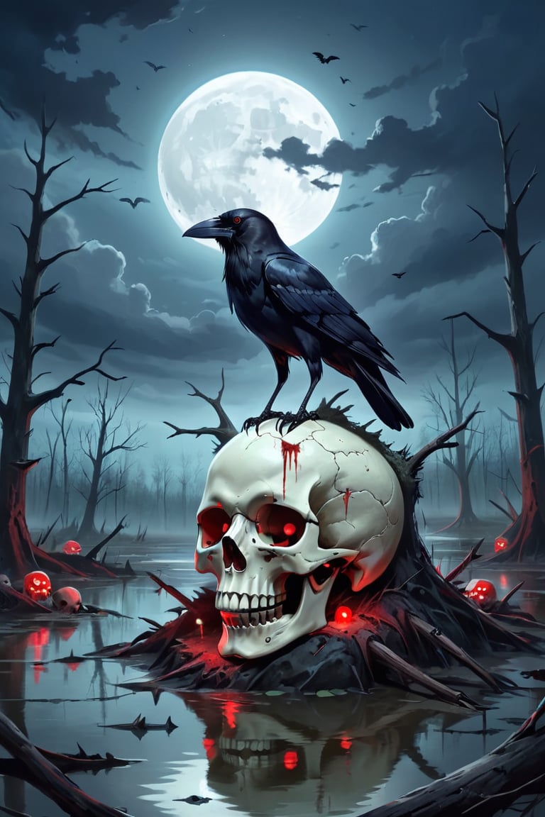 a swamp under a gloomy sky,  with a crow perched on a decayed skull. The full moon behind the crow makes its eyes glow red. Use a dark eerie atmosphere