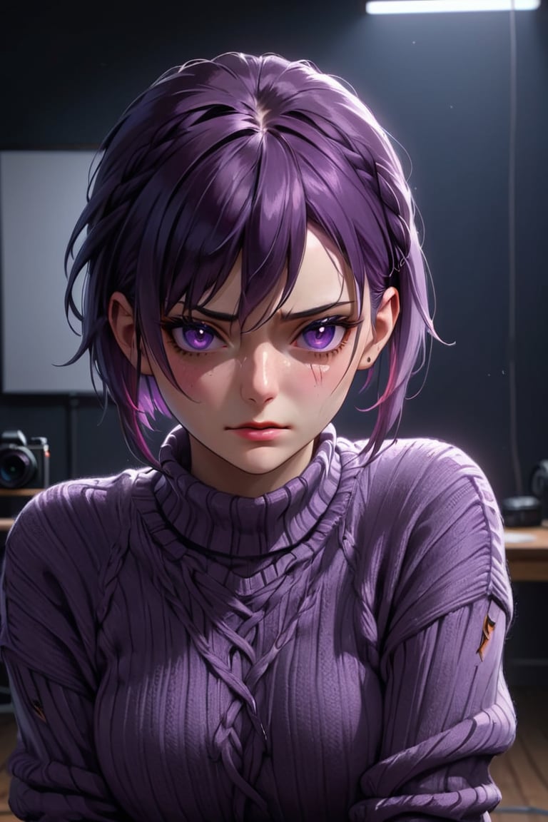 A highly detailed portrait of a stunningly Raven in tight and form-fitting sweater and jeans,  purple eyes,  short purple hair tied up,  crying awkward expression,  ((blush under eyes)),  camera in front,  (Looking directly at the camera),  ((dark room background)),  ((ultra detailed)),  ((beautiful)),  ((4k)),  ((8k)),  Art style of Arthenin